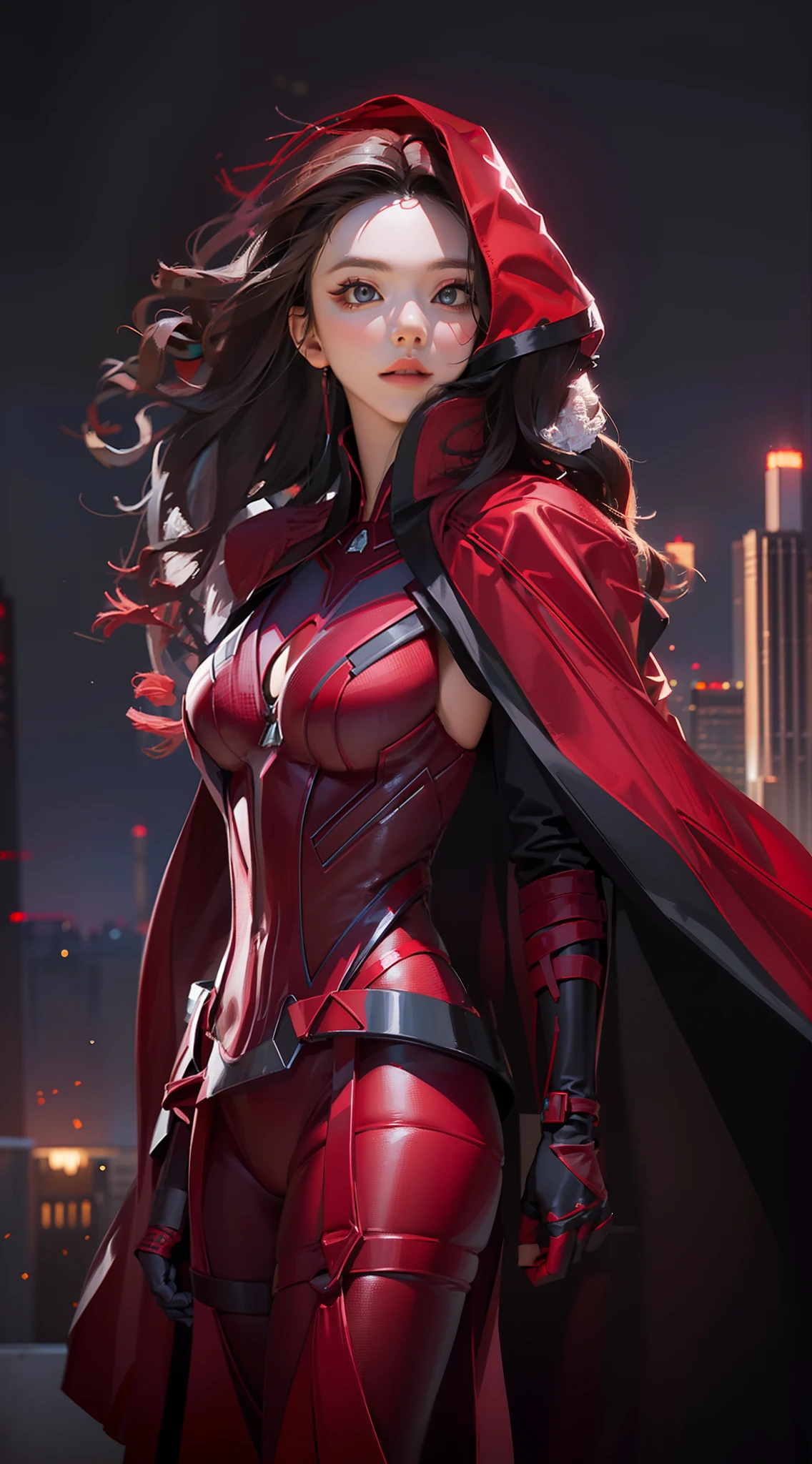 best quality, 1 girl, solo, portrait, extremely beautiful woman as (scarlet witch), perfect slim fit body, perfect face, big gorgeous eyes, (scarlet witch suit), standing on top of a skyscraper, windy day, soft tones, intricate details, excellent composition, perfect illustration by the best artists, uhd, 8k