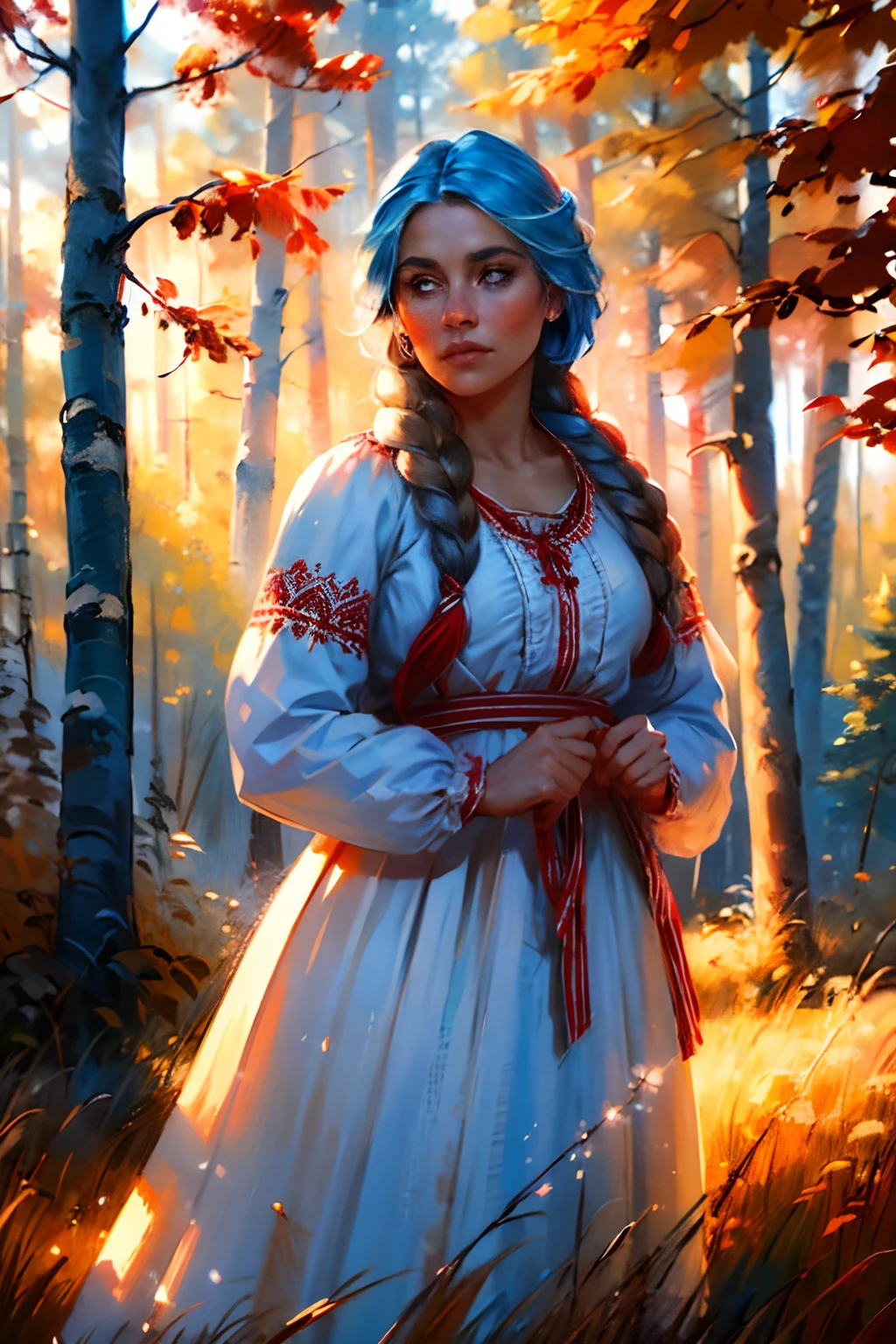 a 1girl, Beautiful lady, hair light, braid, Glow Blue Eyes, White dress with decorative red ruffles, hoop, En plein air, Russian Forest, wooden hut, birches and tall grass, Realistic