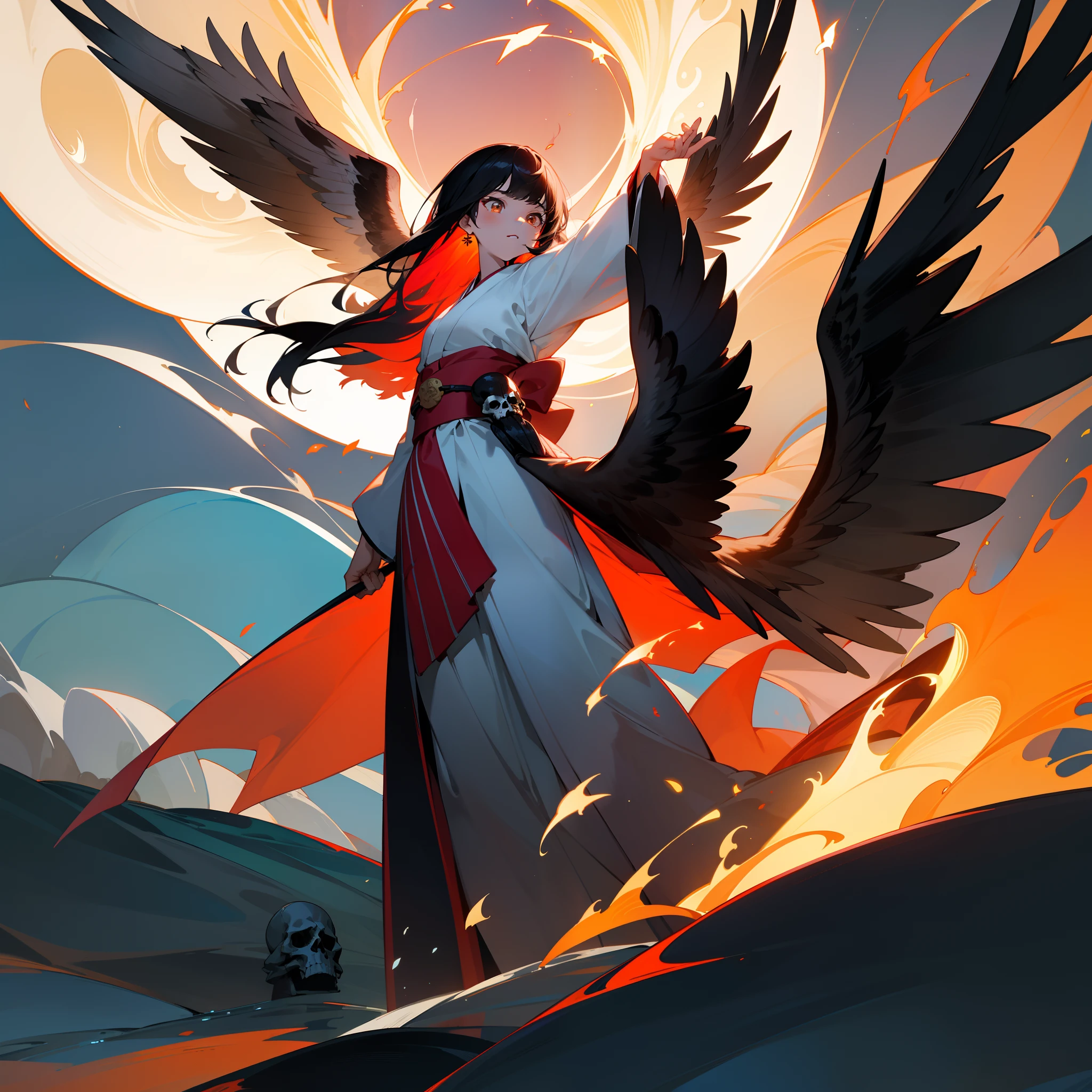 Black color hair,teens girl,The background is above the ocean,Stand on a raft,Right hand raised,An eagle stands on the right-hand side,The eagle's eyes glow red flames,The girl wears a white kimono,Moon in the background,Close-up of lighting effects,nigth,There are skulls in the water