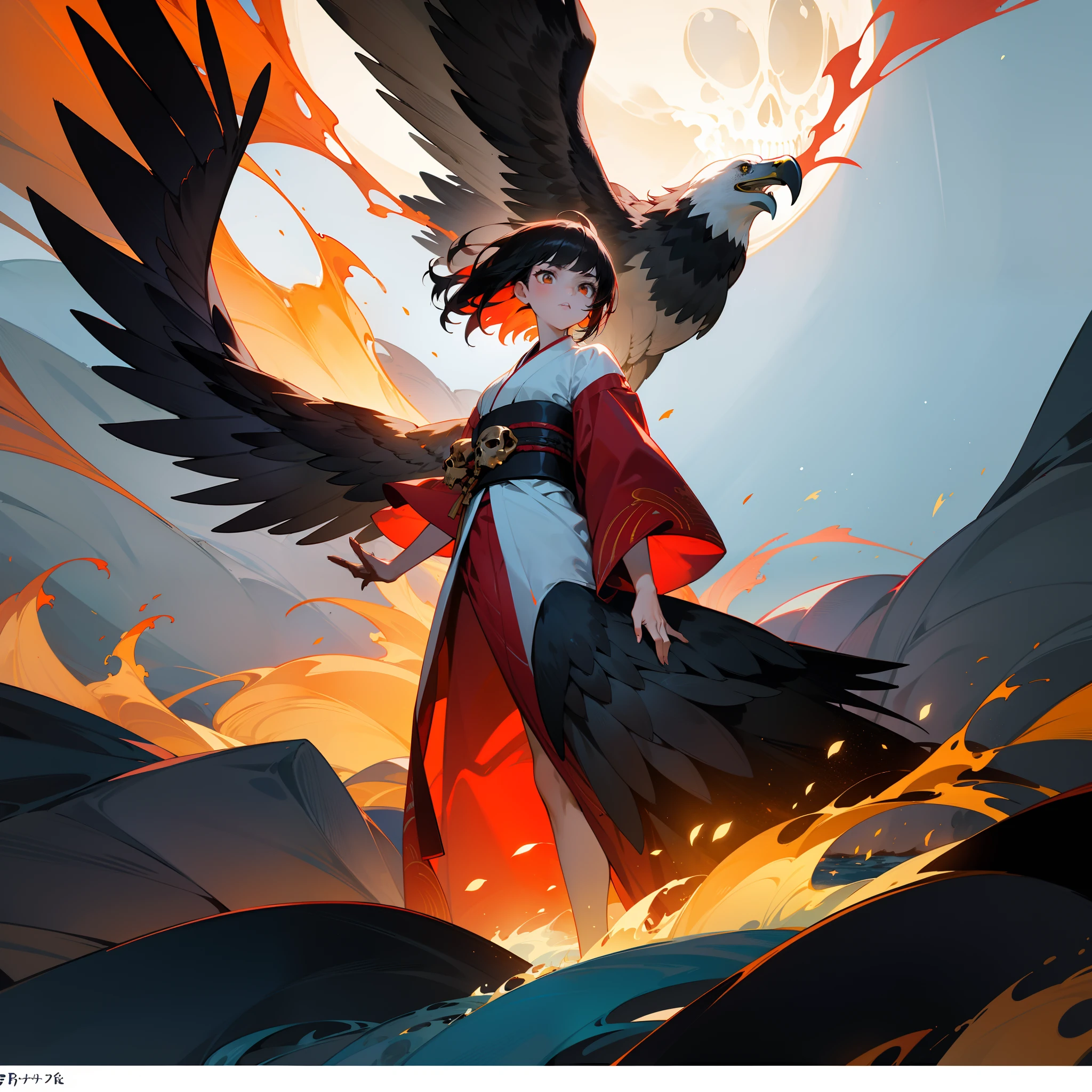 Black color hair,teens girl,The background is above the ocean,Stand on a raft,Right hand raised,An eagle stands on the right-hand side,The eagle's eyes glow red flames,The girl wears a white kimono,Moon in the background,Close-up of lighting effects,nigth,There are skulls in the water