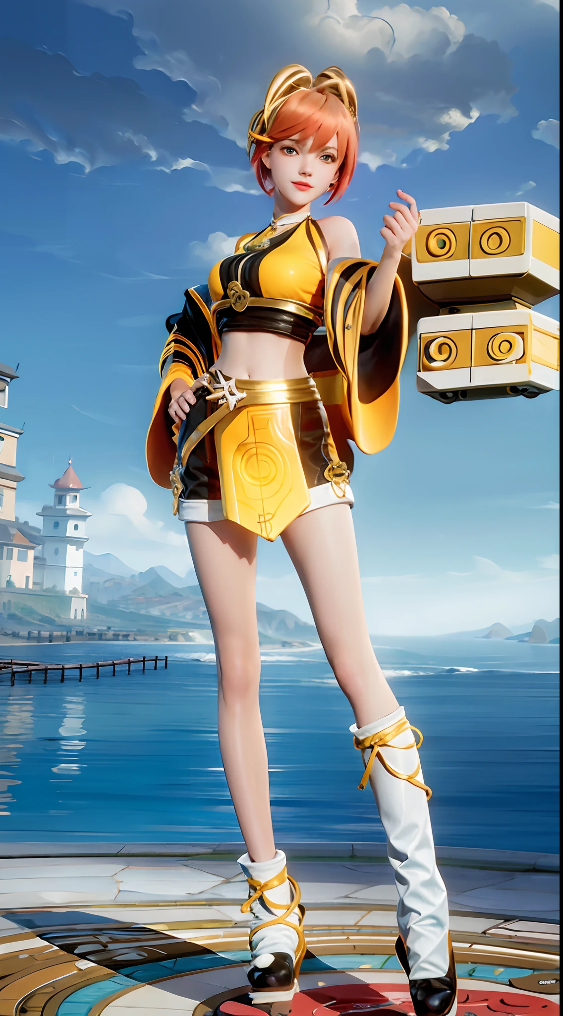 A girl, Orange hair,short detailed hair,ocean water,sea beach, (Yellow bikini: 1.6), palmeiras, Coconut Tree, Solo,best qualtiy,Masterpiece,Golden ratio composition