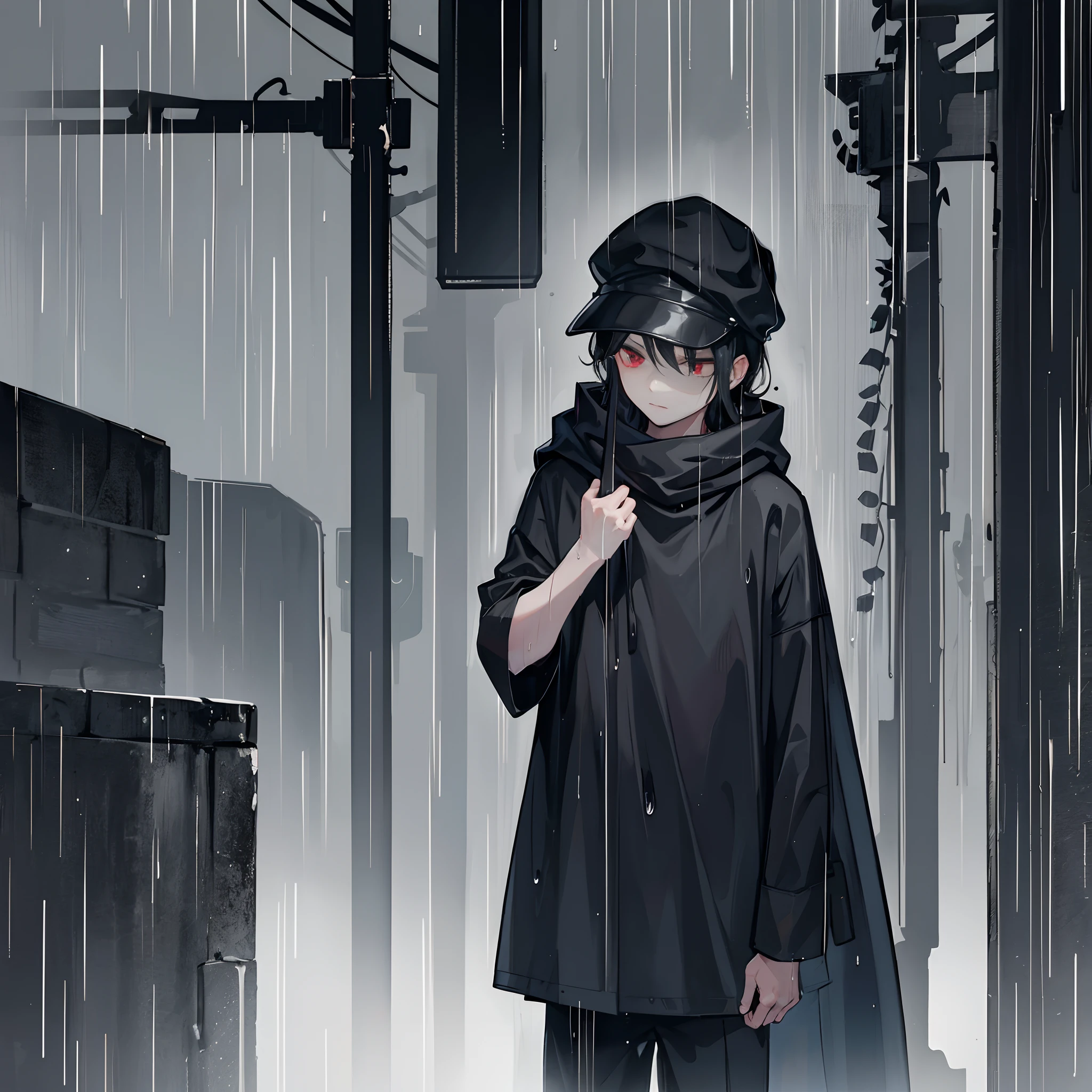 A boy bows his head in the rain,A ager wearing a black cap, wearing a black cap, bowed his head in the rain,A teen with a red eye bowed his head in the rain of the night,shadowy,Impeccable,delicated,With killing intent