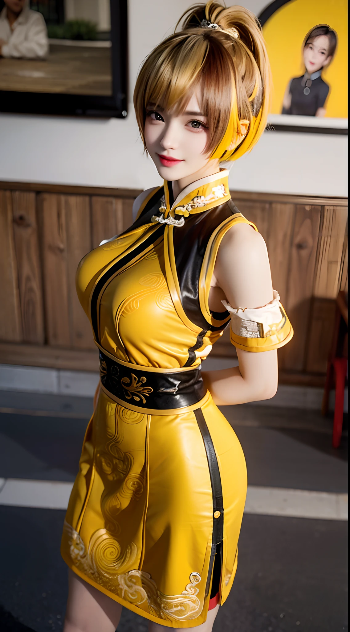 Orange and yellow hair　a short bob　Beautiful breasts　qipao dress  ，Masterpiece，best qualtiy，