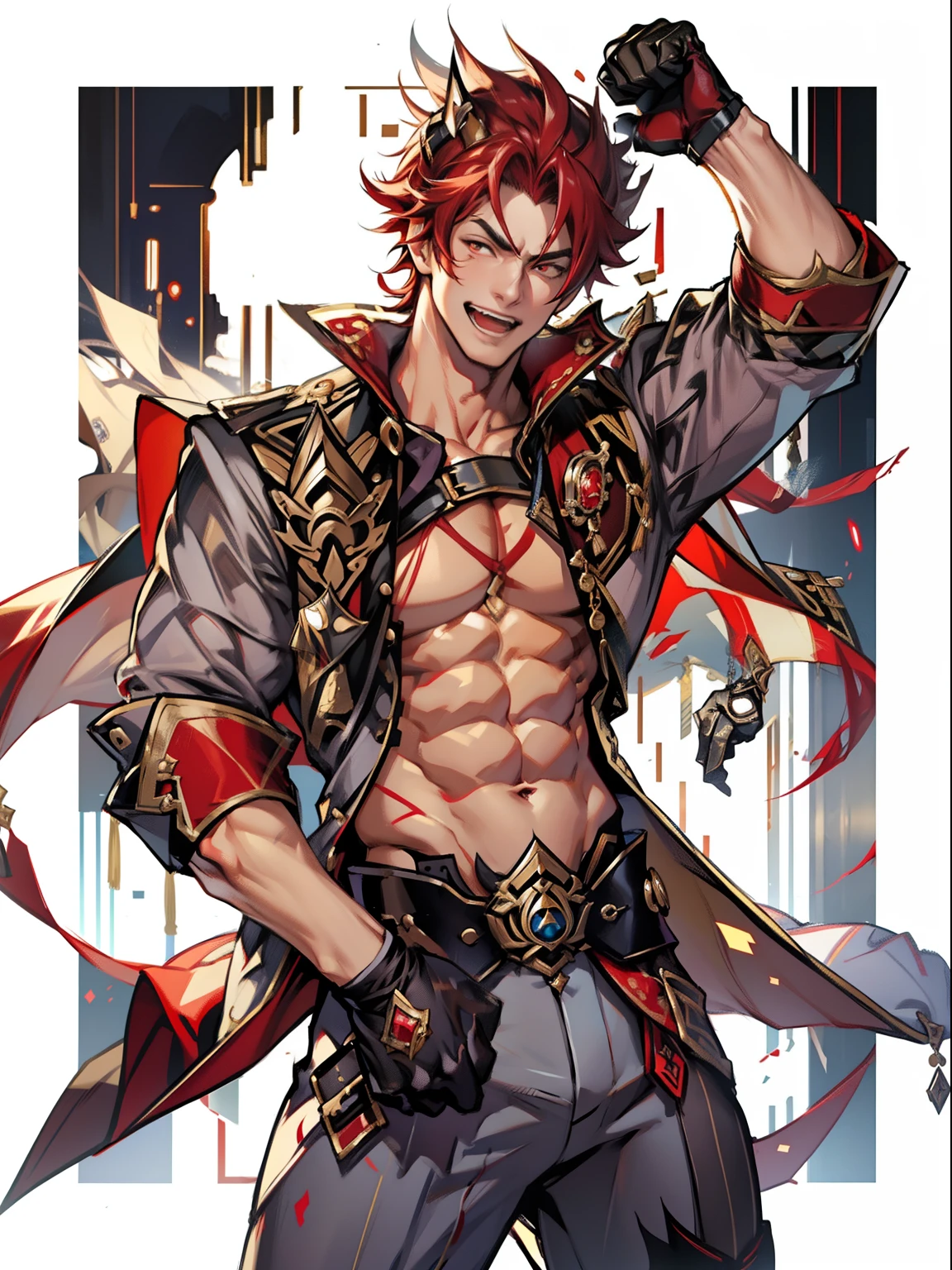 tmasterpiece,Best quality at best,Dadalya(Genshin Impact),mitts,Bulging muscles,Pectoral muscle bulge,White gloves,Abs,malefocus,1boy,eBlue eyes,black glove,独奏,Red hair,blue color eyes,Red cape,hair between eye,((Bulging crotch)),Sexy,(Masterpiece, Best quality),(white business suit),self-assured,having fun,big laughter,white pantie