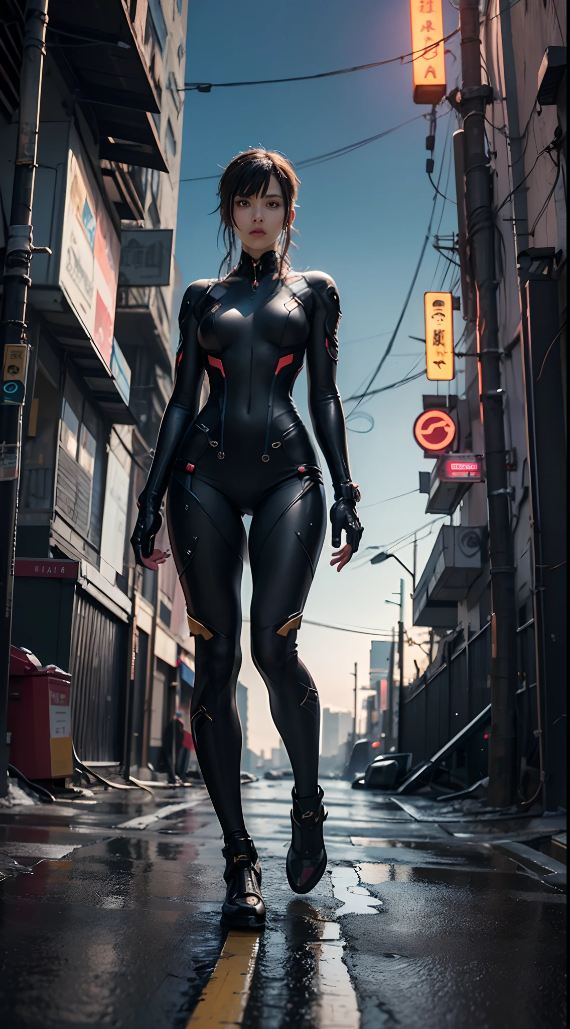 Full body like,Top quality, Masterpiece, 超高分辨率, ((Photorealistic: 1.4), RAW photo, 1 Cyberpunk Girl, Glossy glossy skin, 1 mechanical girl, (hyper realistic detailed)), Mechanical limbs, Tubes attached to mechanical parts, Mechanical vertebrae attached to the spine, mechanical cervical attachment to the neck, wires and cables connecting to head, Evangelion, Ghost in the Shell, Luminous small light, globalillumination, Deep shadows, Octane rendering, 8K, ultrasharp, metal, Intricate Ornament Details, baroque detailed, very complex details, Realistic light, CGSoation trend, Facing the camera, neon light detail, (Dazzling cyberpunk city streets in the background), art by H.r. Giger and Alphonse Mucha.Full body like,