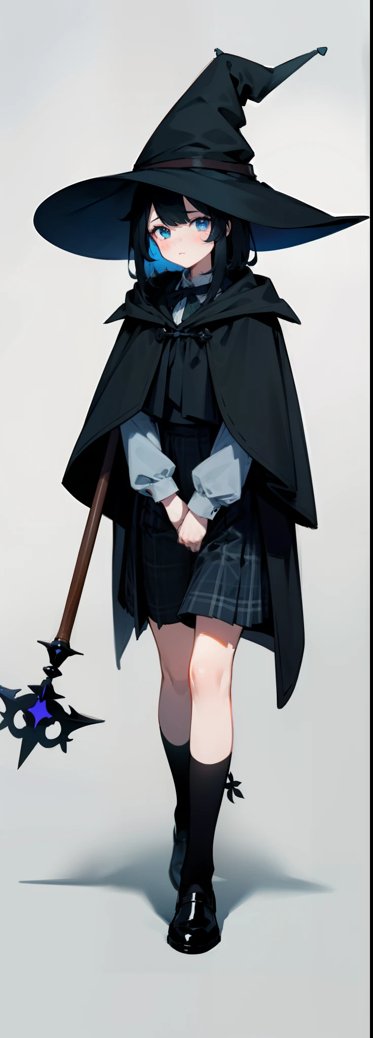 A girl 。Neat short black hair、The pupil color is blue-green、Neutral face，She was dressed under a black cloak, wearing a white blouse and a plaid skirt。Head black witch hat，Magic wand in hand。