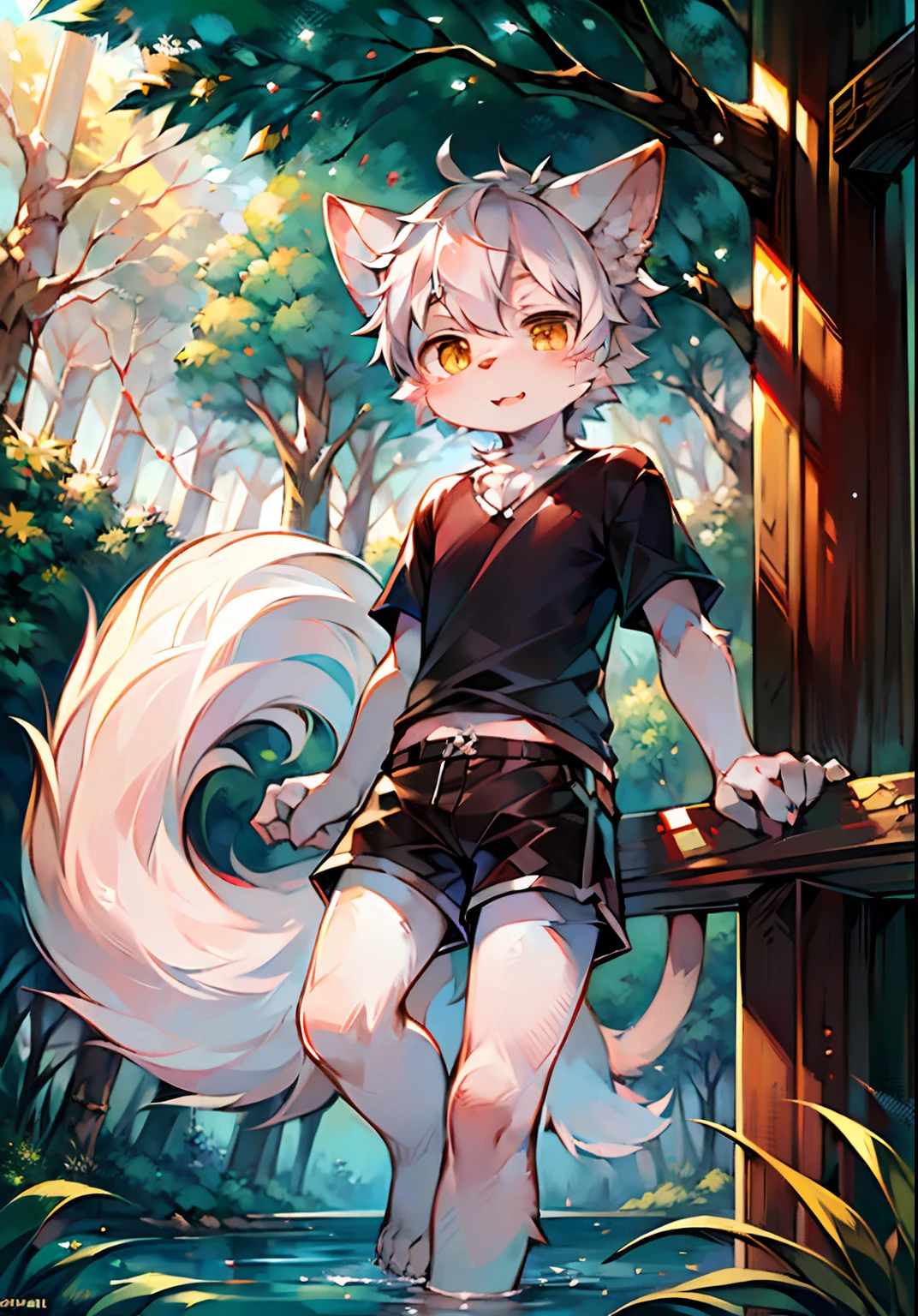 (Bright Environment: 0.8), Masterpiece, High Quality, Abstract Res, Digital Painting\(artwork\), by Dagasi, Cuihongshi, Yupa, Kiyosan, (Anthro, Fluffy Fur, Character Focus: 1.1), Anthro Male Cat, Short hair,portrait, bright eyes, panorama, character focus. (Detailed background: 0.7), Furry, Furry male, Male focus, Anthr, (full body fur, fluffy tail, white fur, yellow eyes, white hair: 1.2), (long canine, handsome, shorts, short sleeves, white goggles: 1.2), (outdoor, midday, forest, riverside: 1.1)