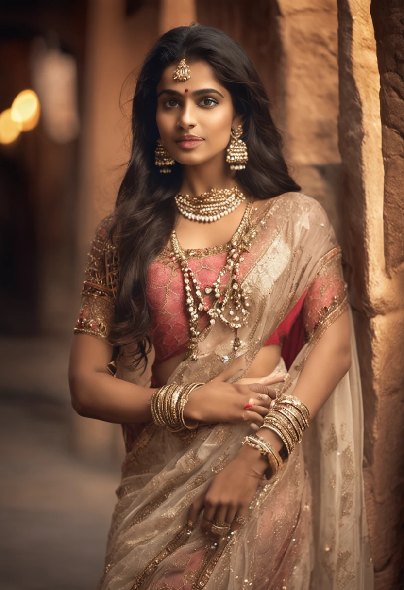 Title: "Radiant Reverie: A Portrait of Indian Elegance"
Description:
Step into a world of mesmerizing beauty as you behold this enchanting artwork, where an Indian girl graces the scene in all her splendor, adorned in a captivating Indian outfit that exudes grace and magnificence. Draped in a full, long dress that cascades around her perfect body shape, she becomes a vision of captivating allure against a backdrop of a romantic and ethereal setting.
Her beautiful face, adorned with delicate features, captivates the viewer with its timeless elegance. The warm glow of her complexion, accentuated by her radiant white skin, illuminates her presence. Her eyes, like deep pools of enchantment, hold a mesmerizing depth and sparkle with a captivating allure that draws you into their embrace.
Dressed in a meticulously crafted Indian outfit, she embodies the essence of Indian elegance. The intricate details of her dress, from the delicate embroidery to the flowing layers of fabric, evoke a sense of grandeur and refinement. The rich hues and intricate patterns of her attire celebrate the artistic heritage of India, transporting you to a world of opulence and cultural richness.
Set against a romantic background, the scene becomes a tapestry of dreamlike beauty. Soft hues of warm colors bathe the surroundings, casting a gentle glow upon the girl's luminous skin. The setting, adorned with floral gardens, ancient architecture, or a serene natural landscape, creates an atmosphere of love, tranquility, and timeless romance.
The artist's skillful brushstrokes breathe life into the composition, capturing the essence of the girl's captivating presence. Each stroke reflects the delicate features of her face, the radiance of her skin, and the intricate details of her Indian dress. The result is a masterpiece that celebrates the beauty and allure of Indian elegance.
Prepare to be captivated by the radiant reverie that emanates from this artwork, where every element converges to crea