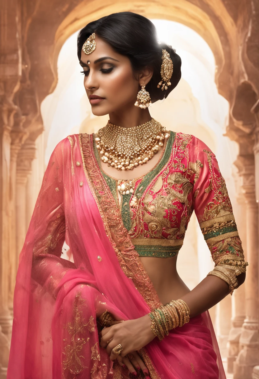 Title: "Radiant Reverie: A Portrait of Indian Elegance"
Description:
Step into a world of mesmerizing beauty as you behold this enchanting artwork, where an Indian girl graces the scene in all her splendor, adorned in a captivating Indian outfit that exudes grace and magnificence. Draped in a full, long dress that cascades around her perfect body shape, she becomes a vision of captivating allure against a backdrop of a romantic and ethereal setting.
Her beautiful face, adorned with delicate features, captivates the viewer with its timeless elegance. The warm glow of her complexion, accentuated by her radiant white skin, illuminates her presence. Her eyes, like deep pools of enchantment, hold a mesmerizing depth and sparkle with a captivating allure that draws you into their embrace.
Dressed in a meticulously crafted Indian outfit, she embodies the essence of Indian elegance. The intricate details of her dress, from the delicate embroidery to the flowing layers of fabric, evoke a sense of grandeur and refinement. The rich hues and intricate patterns of her attire celebrate the artistic heritage of India, transporting you to a world of opulence and cultural richness.
Set against a romantic background, the scene becomes a tapestry of dreamlike beauty. Soft hues of warm colors bathe the surroundings, casting a gentle glow upon the girl's luminous skin. The setting, adorned with floral gardens, ancient architecture, or a serene natural landscape, creates an atmosphere of love, tranquility, and timeless romance.
The artist's skillful brushstrokes breathe life into the composition, capturing the essence of the girl's captivating presence. Each stroke reflects the delicate features of her face, the radiance of her skin, and the intricate details of her Indian dress. The result is a masterpiece that celebrates the beauty and allure of Indian elegance.
Prepare to be captivated by the radiant reverie that emanates from this artwork, where every element converges to crea