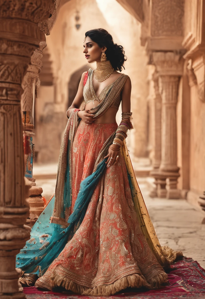 Title: "Radiant Reverie: A Portrait of Indian Elegance"

Description:
Step into a world of mesmerizing beauty as you behold this enchanting artwork, where an Indian girl graces the scene in all her splendor, adorned in a captivating Indian outfit that exudes grace and magnificence. Draped in a full, long dress that cascades around her perfect body shape, she becomes a vision of captivating allure against a backdrop of a romantic and ethereal setting.

Her beautiful face, adorned with delicate features, captivates the viewer with its timeless elegance. The warm glow of her complexion, accentuated by her radiant white skin, illuminates her presence. Her eyes, like deep pools of enchantment, hold a mesmerizing depth and sparkle with a captivating allure that draws you into their embrace.

Dressed in a meticulously crafted Indian outfit, she embodies the essence of Indian elegance. The intricate details of her dress, from the delicate embroidery to the flowing layers of fabric, evoke a sense of grandeur and refinement. The rich hues and intricate patterns of her attire celebrate the artistic heritage of India, transporting you to a world of opulence and cultural richness.

Set against a romantic background, the scene becomes a tapestry of dreamlike beauty. Soft hues of warm colors bathe the surroundings, casting a gentle glow upon the girl's luminous skin. The setting, adorned with floral gardens, ancient architecture, or a serene natural landscape, creates an atmosphere of love, tranquility, and timeless romance.

The artist's skillful brushstrokes breathe life into the composition, capturing the essence of the girl's captivating presence. Each stroke reflects the delicate features of her face, the radiance of her skin, and the intricate details of her Indian dress. The result is a masterpiece that celebrates the beauty and allure of Indian elegance.

Prepare to be captivated by the radiant reverie that emanates from this artwork, where every element converges to crea