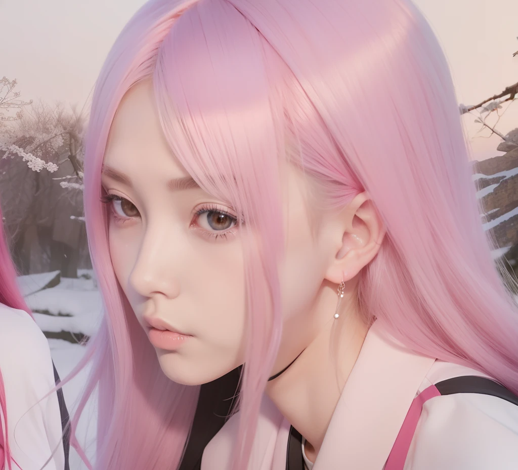 Sakura uchiha. A woman was at the edge of the forest. She was seen using only a black thangtop. He looks a little bent. And look back at the camera. She has long pink hair. White as snow. She looks so beautiful and realistic