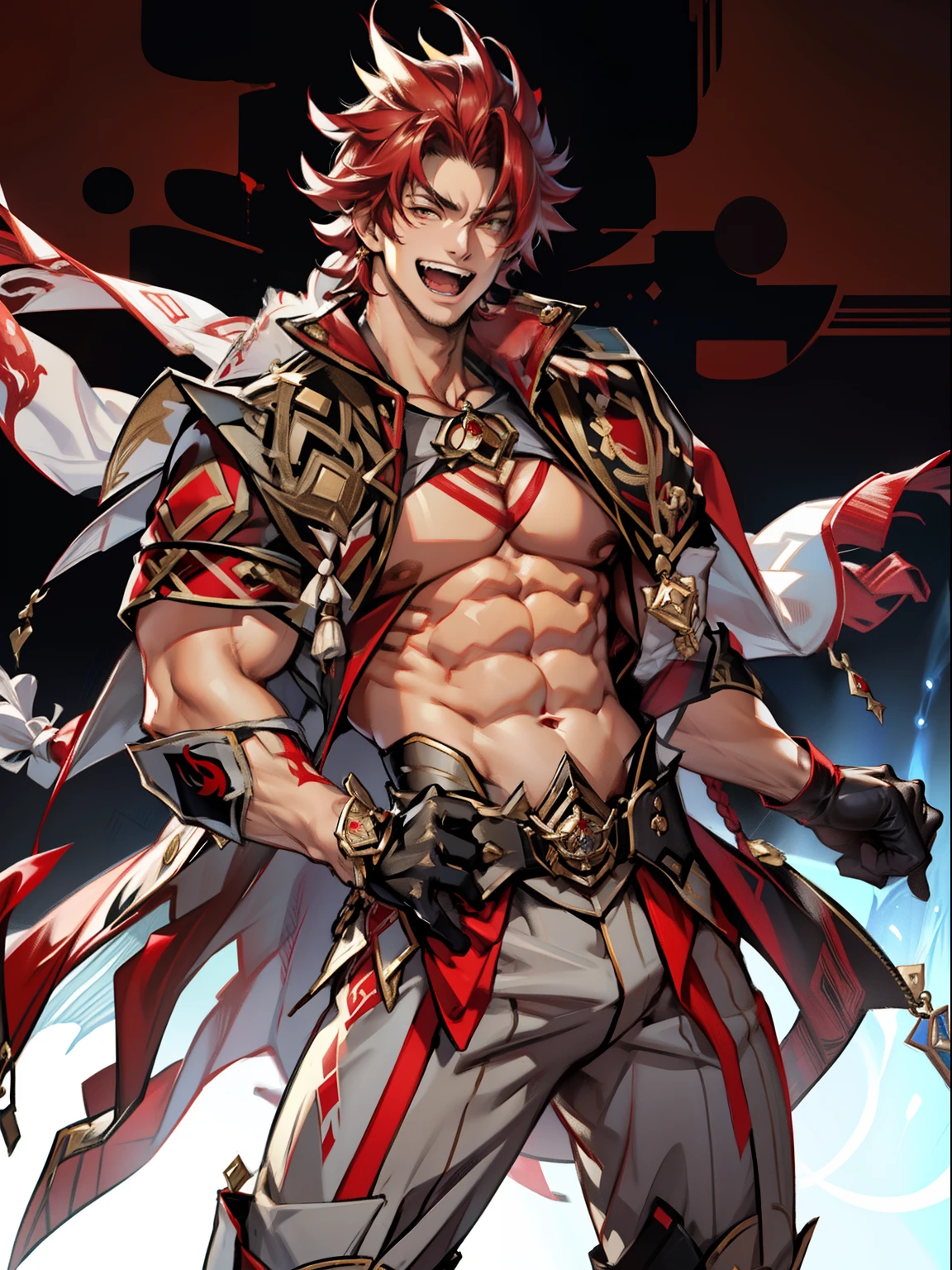 tmasterpiece,Best quality at best,Dadalya(Genshin Impact),mitts,Bulging muscles,Bulging of the pectoral muscles,White gloves,Abs,malefocus,1boy,red eyes,black glove,独奏,Red hair,Yellow eyes,Red cape,hair between eye,((Bulging crotch)),Sexy,(Masterpiece, Best quality),(white business suit),self-assured,having fun,big laughter,white pantie