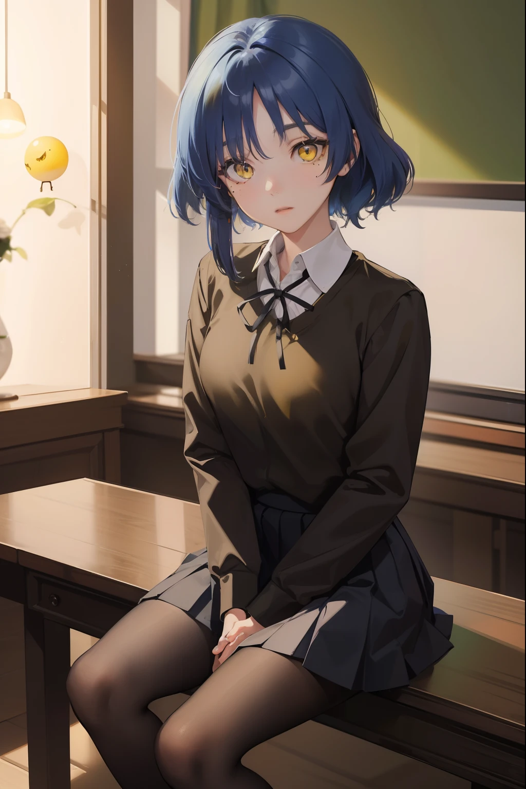 ryouyamada, ryou yamada, blue hair, eyes visible through hair, mole, mole under eye, short hair, (yellow eyes:1.5), hairclips,
BREAK black pantyhose, black ribbon, blue skirt, brown footwear, loafers, long sleeves, pantyhose, ribbon, school uniform, shimokitazawa high school uniform, shirt, shoes, skirt, white shirt,,
BREAK looking at viewer,
BREAK indoors, classroom,
BREAK (masterpiece:1.2), best quality, high resolution, unity 8k wallpaper, (illustration:0.8), (beautiful detailed eyes:1.6), extremely detailed face, perfect lighting, extremely detailed CG, (perfect hands, perfect anatomy),