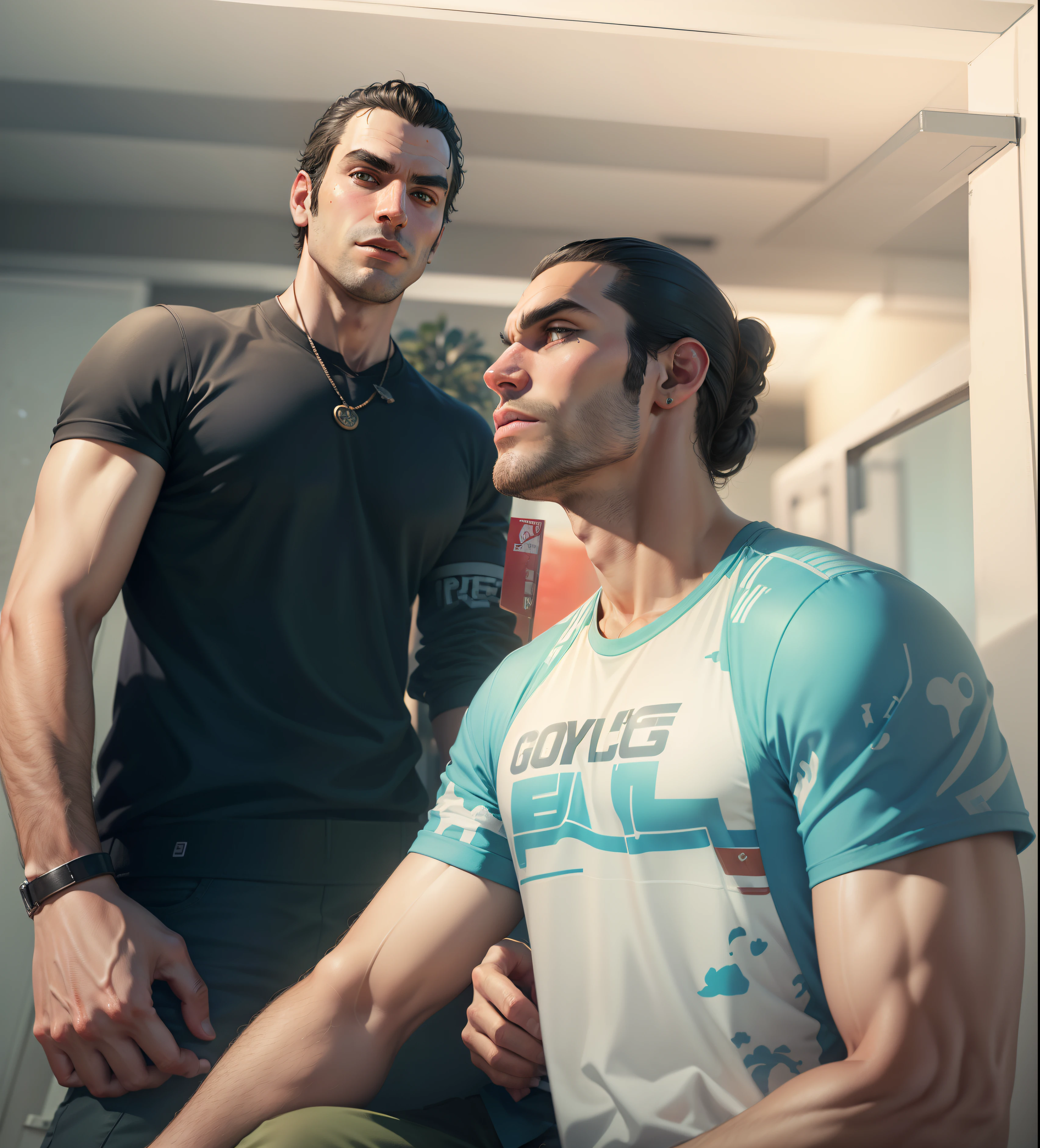 there are two men standing next to each other in shorts, 2 muscular attractive men, pablo carpio and jordan grimmer, mars ravelo and greg rutkowski, super buff and cool, greg rutkowski and jakub rebelka, barabas miklos and hollosy simon, liam brazier and nielly, two muscular men entwined