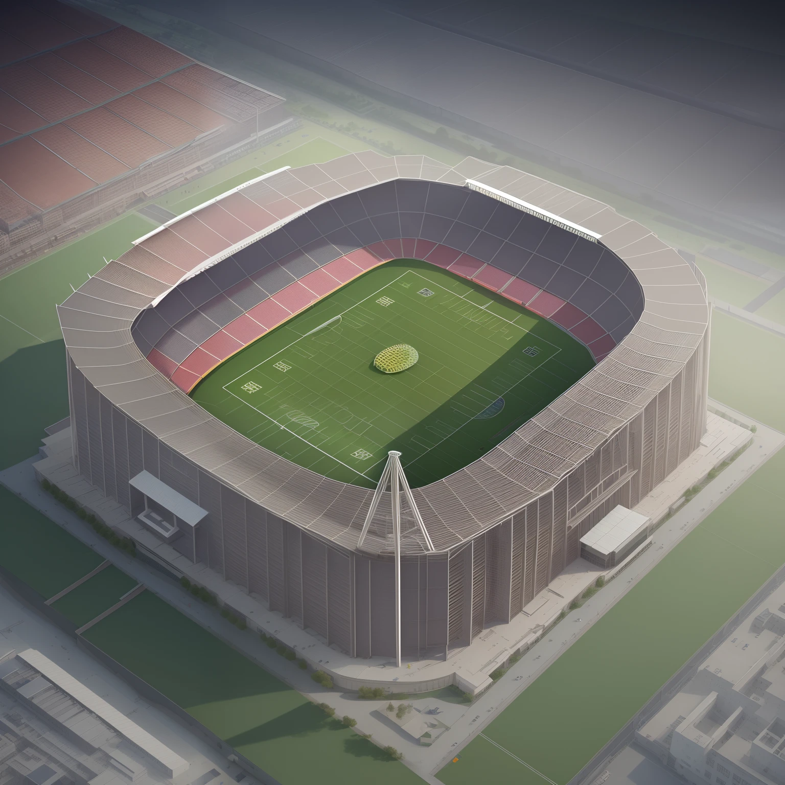 Hyper realistic render for modular football stadium with phyllotactic tower , higher than stadium roof , in historical city , from top view