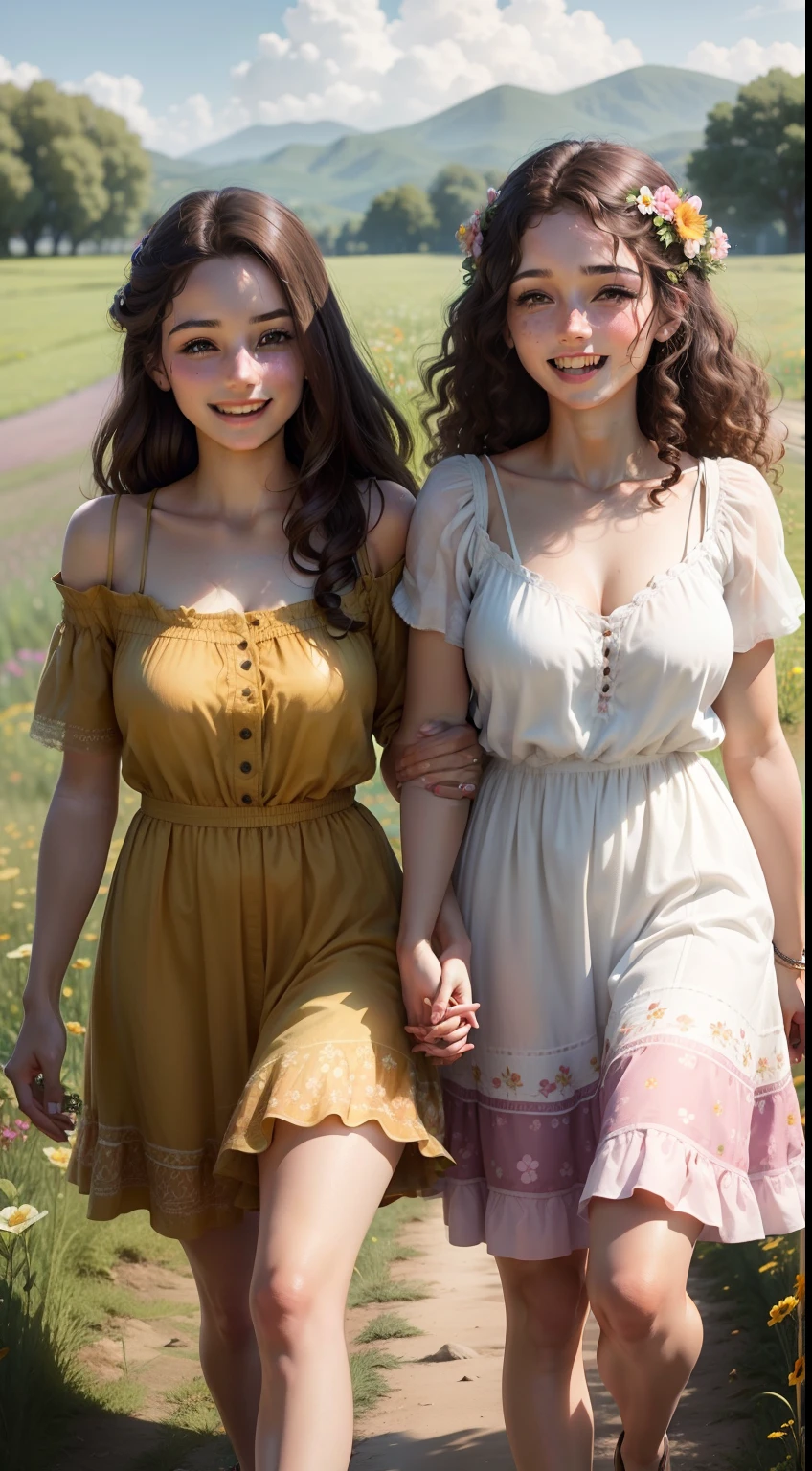 Two 20 year old Balkan girls with brown curly hair and brown eyes in a short flowery summer dress walking hand in hand through a field of flowers, smiling and laughing, in love