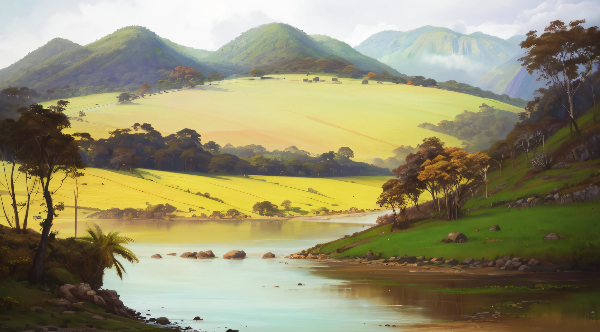 pintura de um rio que atravessa um vale verde exuberante com montanhas ao fundo, colinas fluidas, 8k resolution digital painting, 8k resolution digital painting, Pintura digital 4K, Pintura digital 4k, pintura digital detalhada, baixo detalhamento. pintura digital, Pintura Digital de Alto Detalhe, peaceful landscape, rio, trees and hills, pintura detalhada 4K, pintura digital 4k