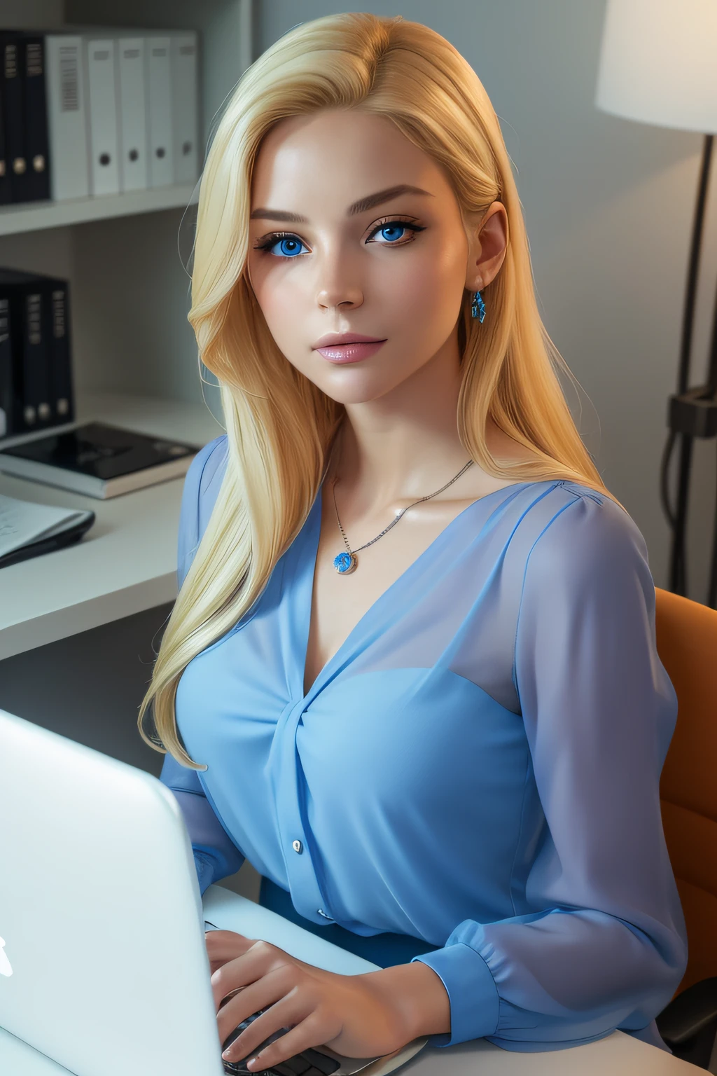 Beauty Goddess Girl, Blonde woman sitting at a desk in the office and typing on a computer, Looking at the computer, The girl is shy, 16yo, little chest, gentle look, Shines through a sheer blouse, The office is designed in a modern design, Unbuttoned blouse, Perfect beautiful face, The girl looks sexy, photo in RAW format with high skin detail, items, High quality photos, foto realista, The left eye is blue with a crystal iris, The right eye is blue with a crystal iris, lifelike skin. Around the neck is a pendant in the form of a dragon