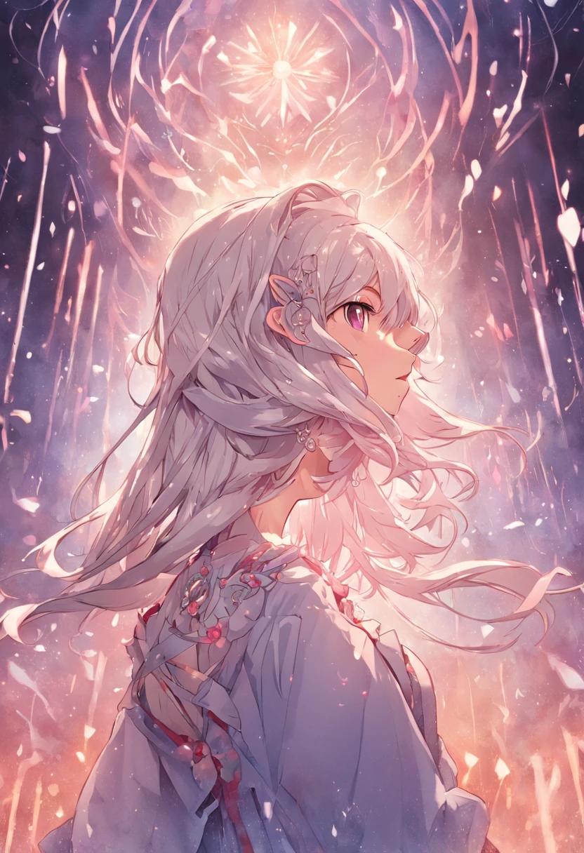 best qualtiy，highly  detailed，tmasterpiece，ultra - detailed，（Realistis：1.2），1girll，（white backgrounid），simplebackground，Elaborate Eyes，Silver hair，Hair_decorations，（white offshoulder shirt：1.3），long whitr hair，crown_Braid，face expressionless，hair straight，（++Sat down：1.2），big cleavage breasts，There are cat ears,cute anime waifu in a nice dress