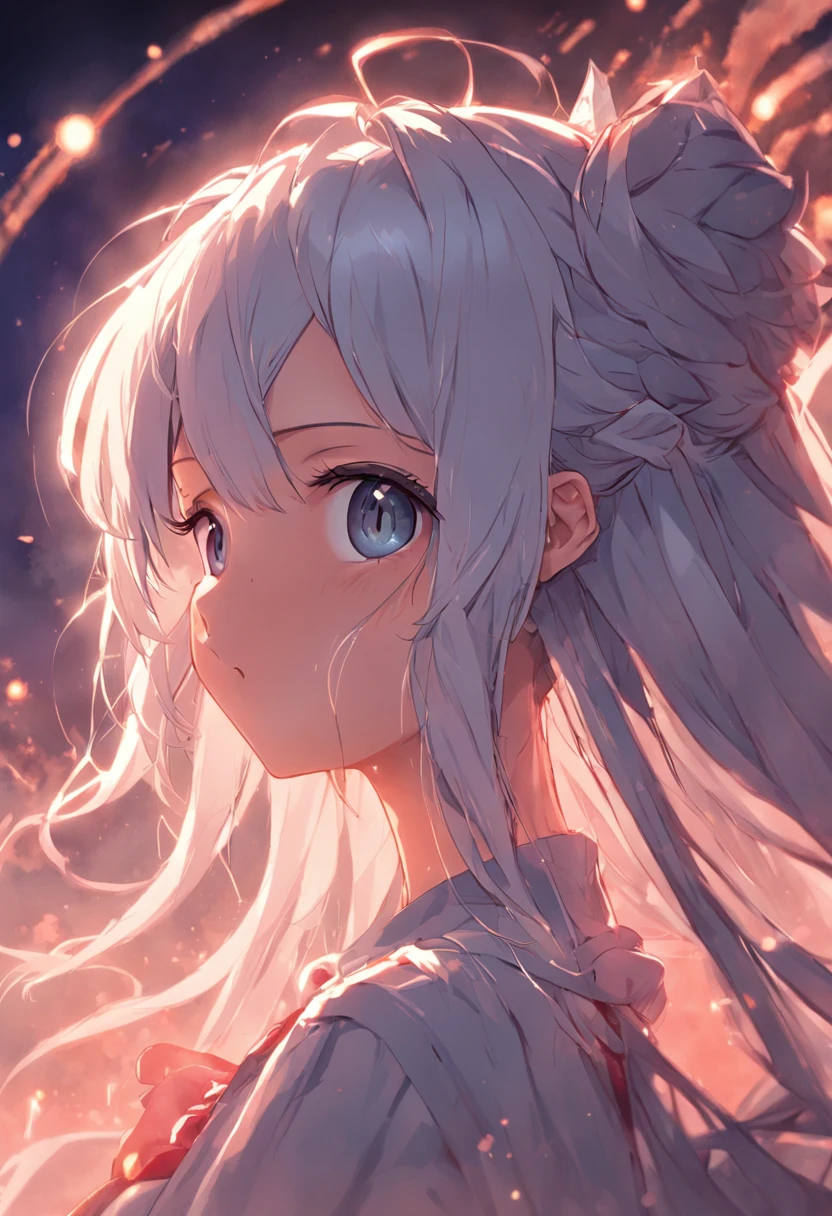 best qualtiy，highly  detailed，tmasterpiece，ultra - detailed，（Realistis：1.2），1girll，（white backgrounid），simplebackground，Elaborate Eyes，Silver hair，Hair_decorations，（white offshoulder shirt：1.3），long whitr hair，crown_Braid，face expressionless，hair straight，（++Sat down：1.2），big cleavage breasts，There are cat ears,cute anime waifu in a nice dress