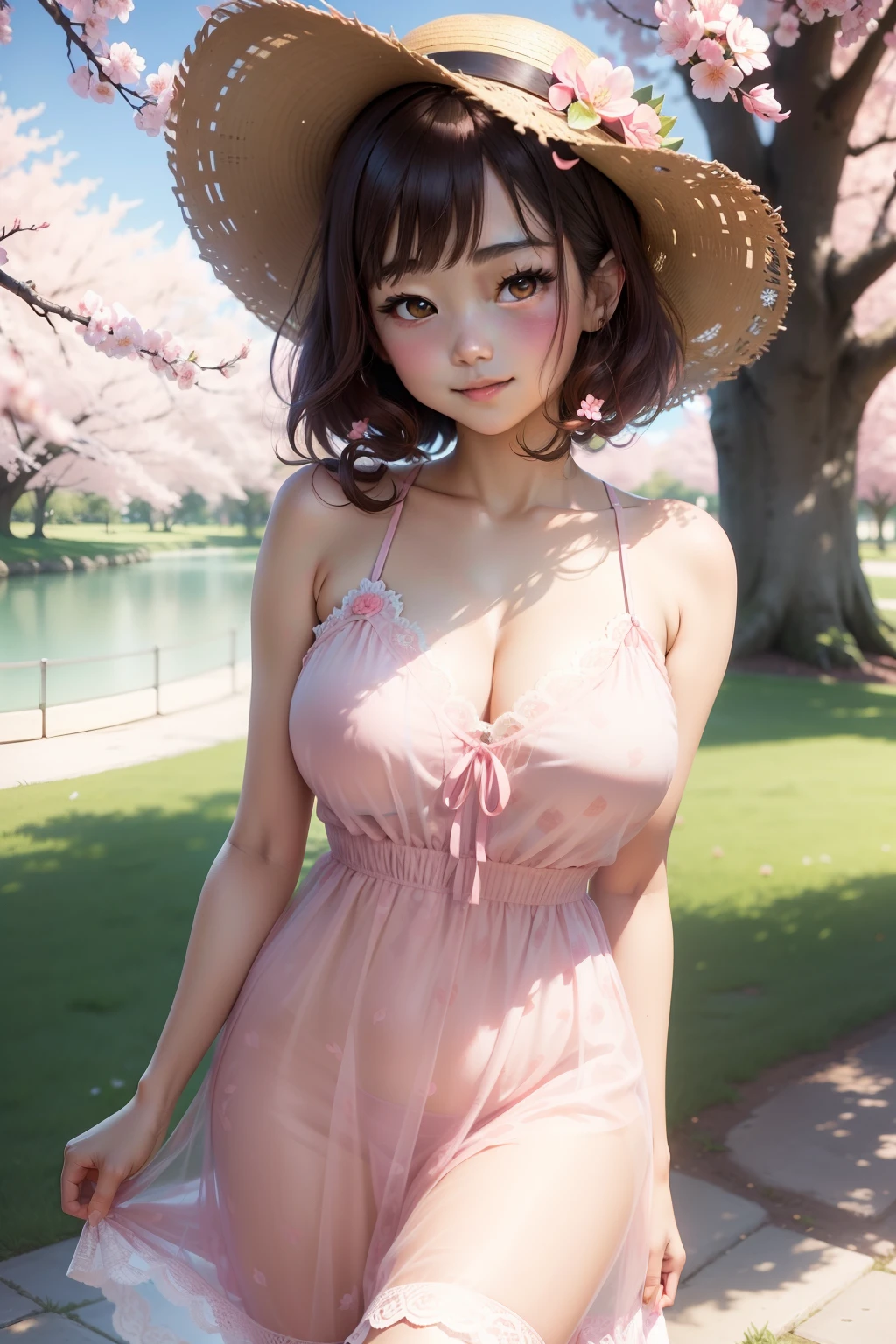 girl, anime, ((asian girl)), brown bob hair, dynamic hair, big brown eyes, pink lips, rosy cheeks, shy girl, lovely cute smile, lean body type, fair skin, big chest, big boobs, showing her chest, (pink strawberry pattern dress, lace pink dress, see-through dress, open chest area, straw hat with pink ribbon and flowers), under cherry blossom tree, enjoying the flowers, park, blue sky, date with you