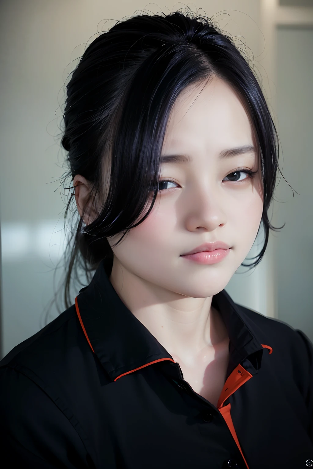 there is a woman with a black shirt and orange tie, close-up professional portrait, a young asian woman, closeup headshot portrait, professional closeup photo, young asian woman, young cute wan asian face, close - up portrait, close-up portrait, detailed face of a asian girl, south east asian with round face, full - face close - up portrait