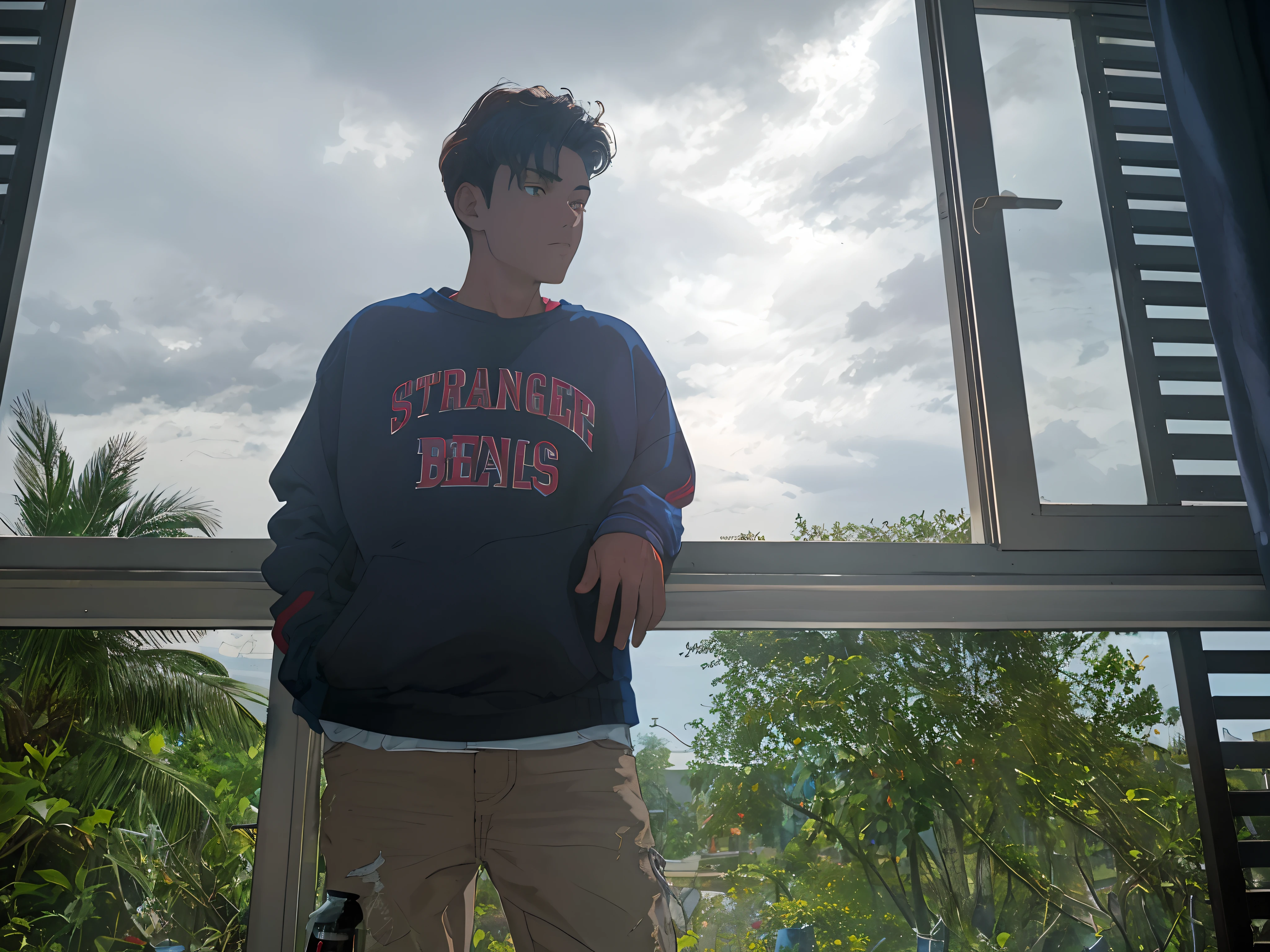 masterpiece, best quality, 1990s \(style\) solo boy with dark brown hair, blue jacket with serene face, dark red sweatshirt jacket and black shirt, jeans fulfilled, , teenager, shelf of a bar with bottles in the background