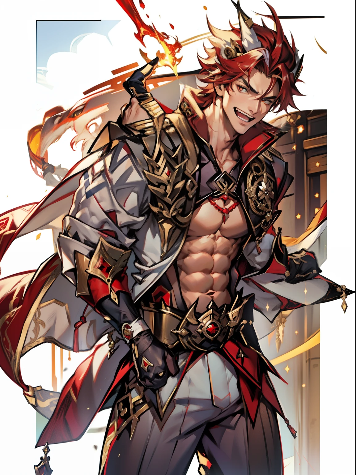 tmasterpiece,Best quality at best,Dadalya(Genshin Impact),mitts,Bulging muscles,Bulging of the pectoral muscles,White gloves,Abs,malefocus,1boy,red eyes,black glove,独奏,Red hair,Yellow eyes,Red cape,hair between eye,((Bulging crotch)),Sexy,(Masterpiece, Best quality),(white business suit),self-assured,having fun,big laughter,white pantie