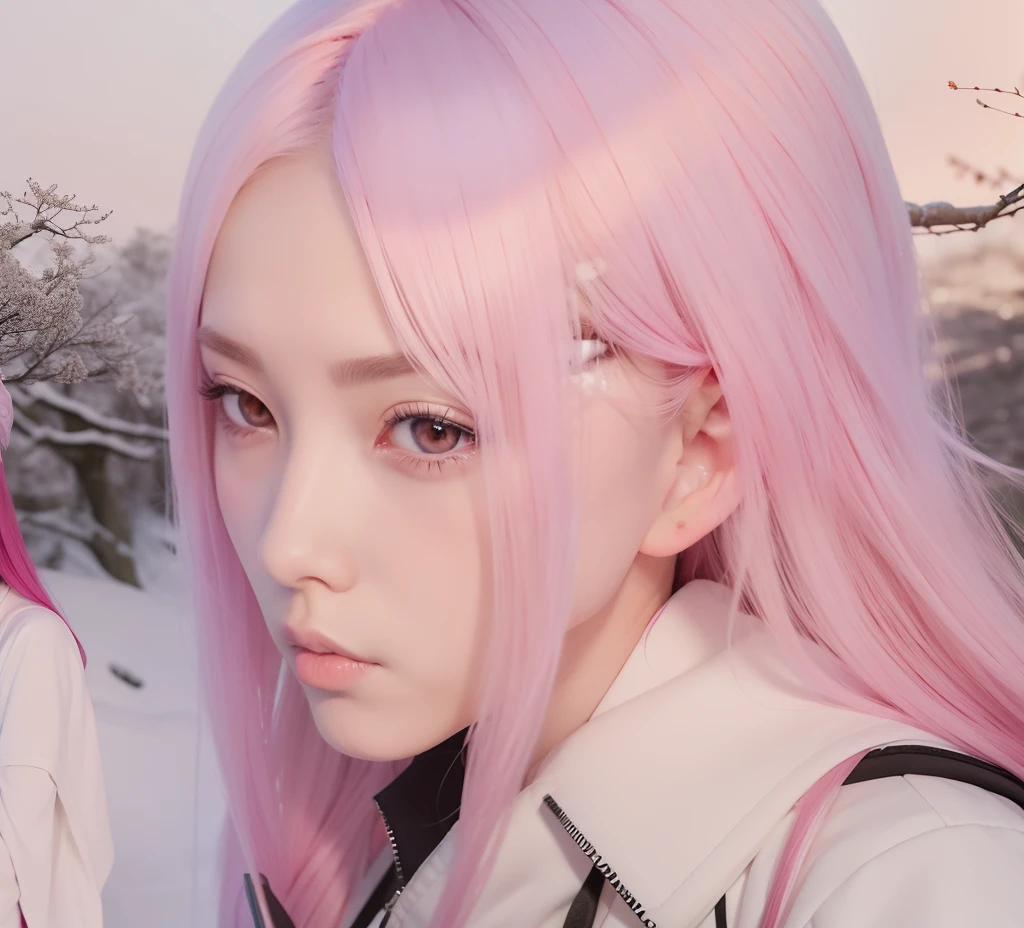 Sakura uchiha. A woman was at the edge of the forest. She was seen using only a black thangtop. He looks a little bent. And look back at the camera. She has long pink hair. White as snow. She looks so beautiful and realistic