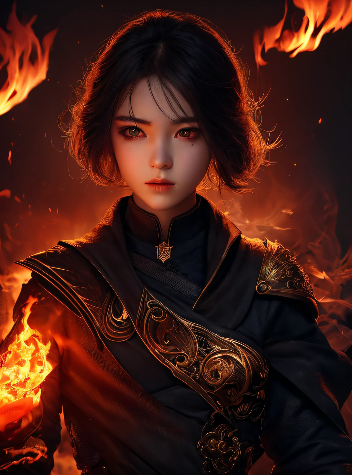 1girl,solo,masterpiece, best quality,fantasy,dark,shadow,
face is important,boy is important,eyes are important,rThe character is the main body of the work,(upper body),
flames,ruins, swirling magic,
