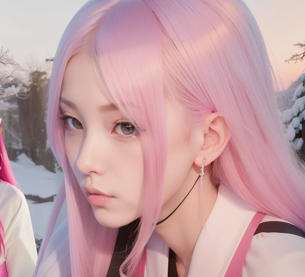 Sakura uchiha. A woman was at the edge of the forest. She was seen using only a black thangtop. He looks a little bent. And look back at the camera. She has long pink hair. White as snow. She looks so beautiful and realistic