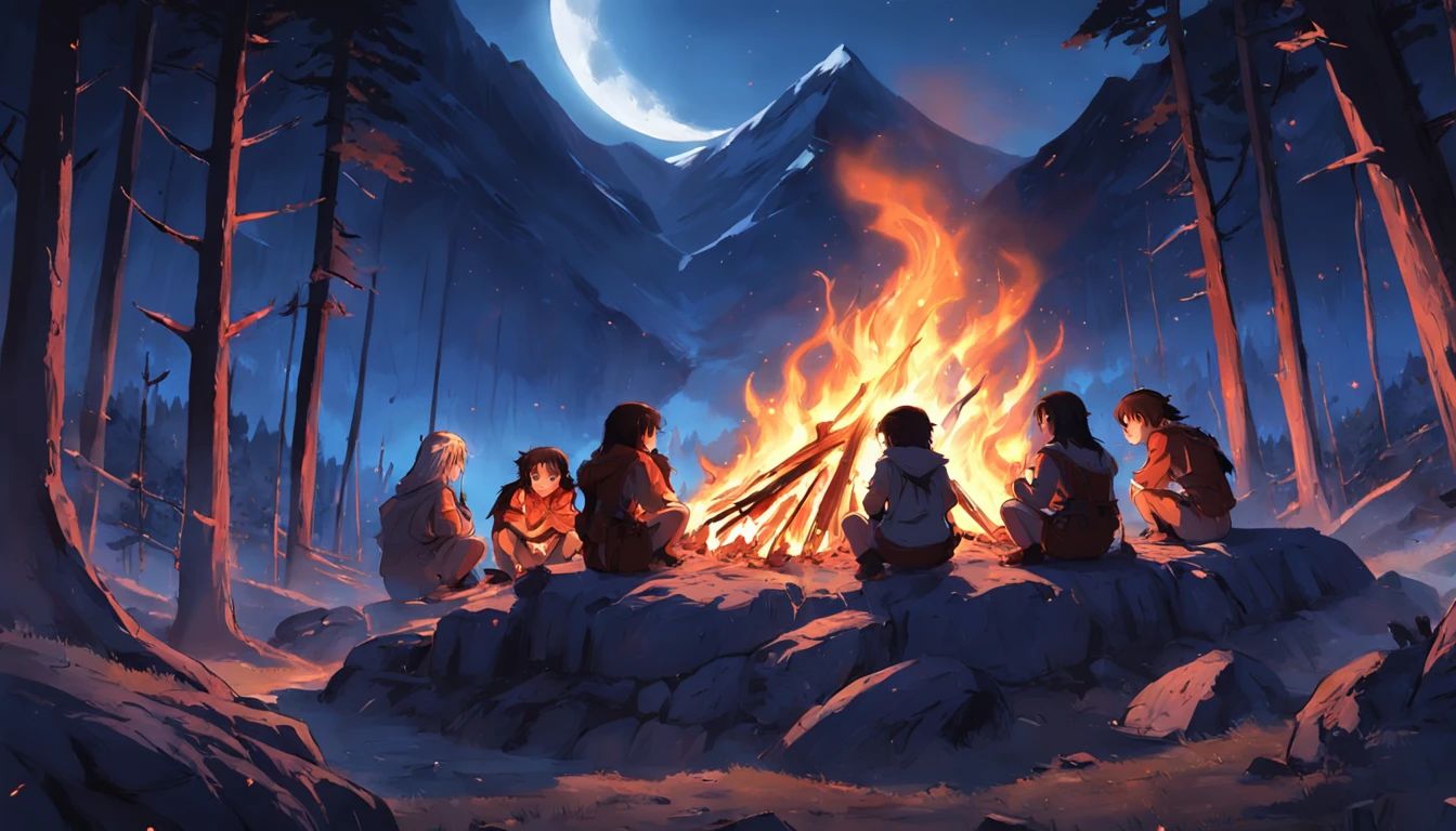 moon full,Bonfire on the mountain,Small tribes,Savages gathered around the fire。