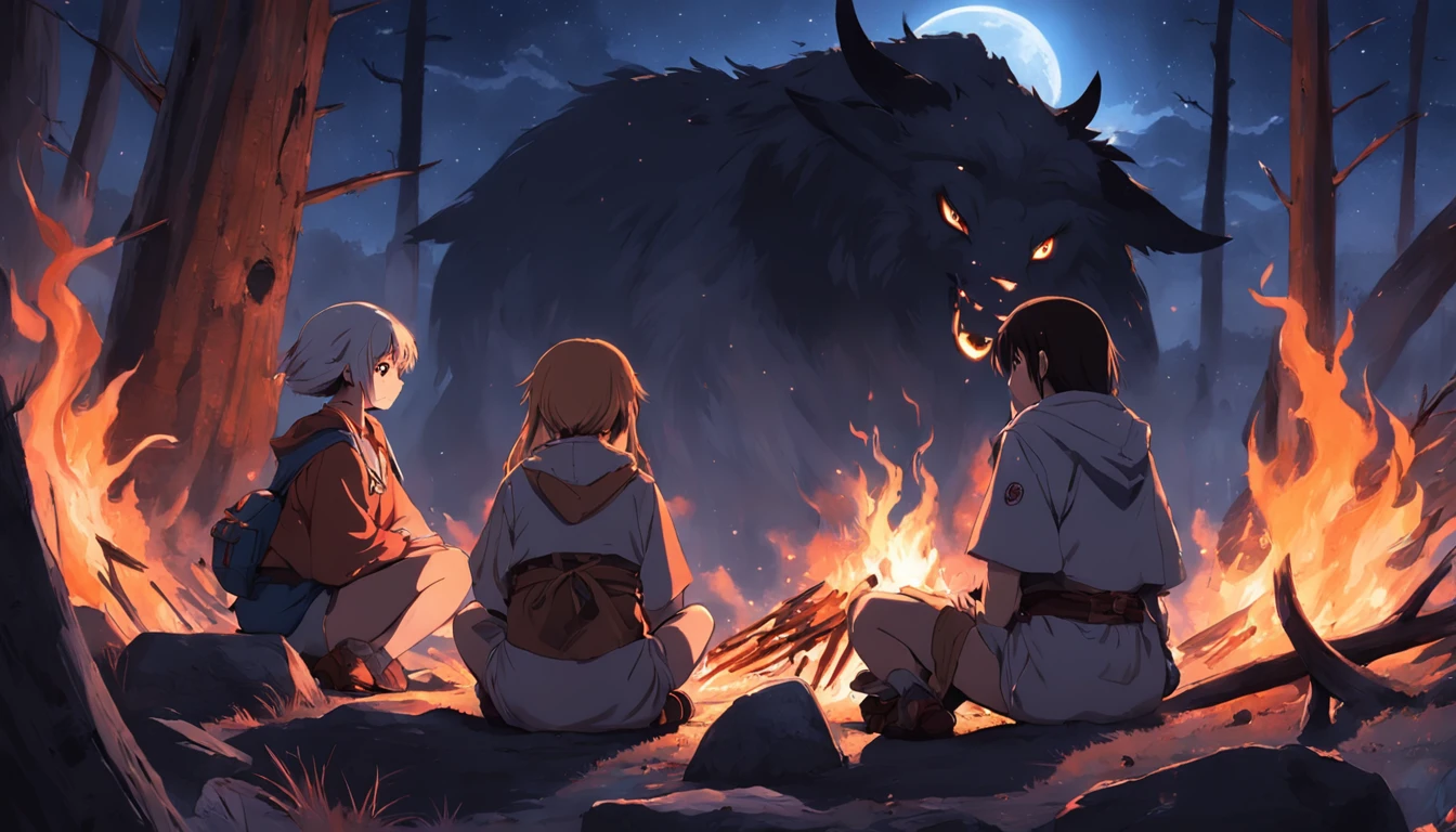 moon full，Bonfire on the mountain，Small tribes，Savages gathered around the fire。