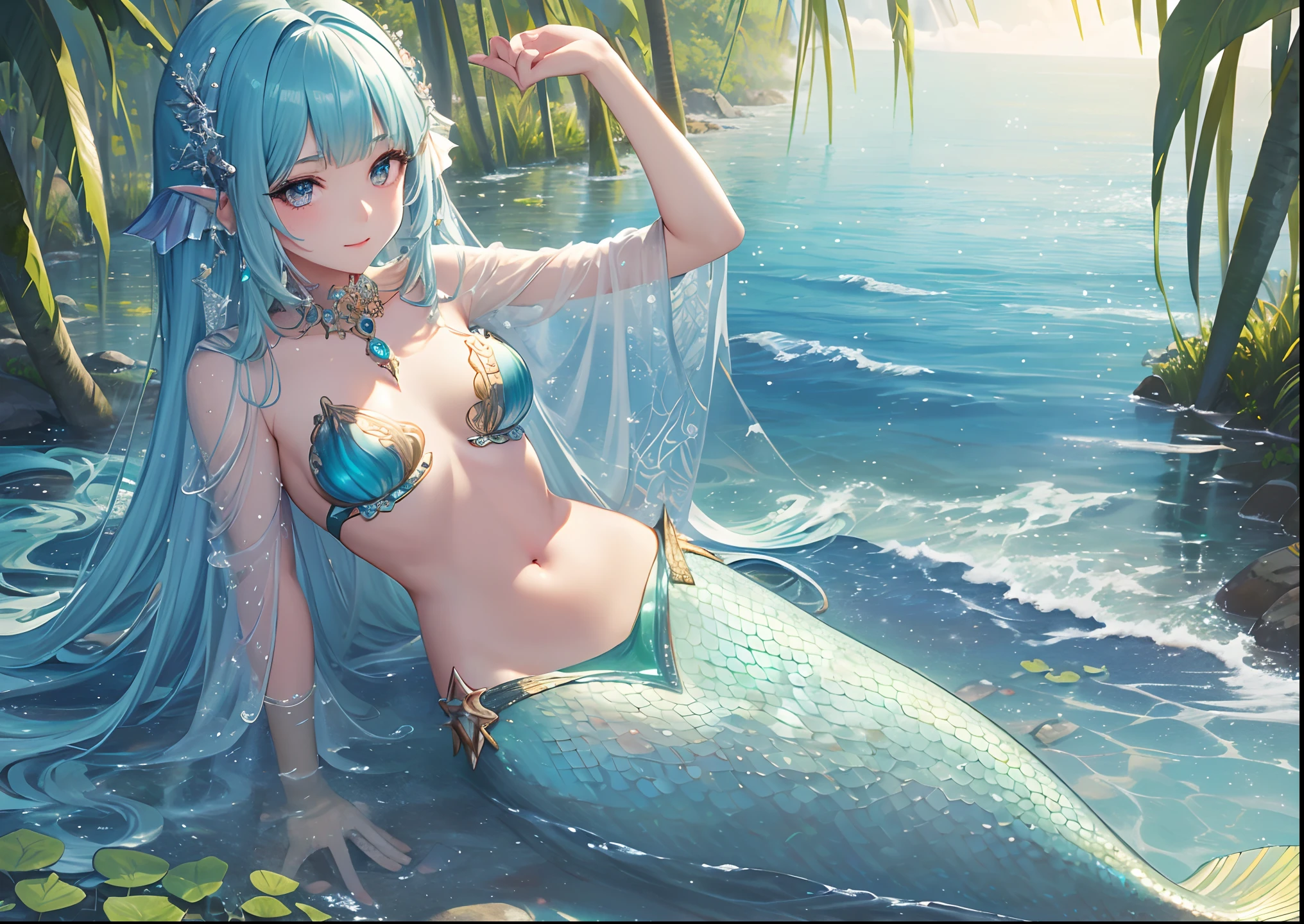 (masterpiece),((top-quality)),(offcial art),(Beautiful and indulgent:1.2),(1girl in:1.3),ssmile,small tits,((mermaid)),breasts are small、BREAK,A very beautiful mermaid wearing jewelry,Transparency,bob cuts,Detailed drawing。colourfull,viewersviewing,highestdetailed ((ultra-detailliert)),(Highly detailed 2D illustrations),((Extremely delicate and beautiful))Super Detail