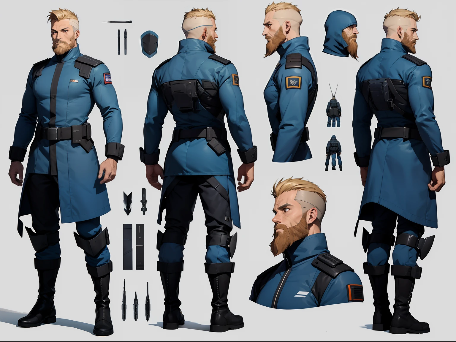 A man, 49 years old, strong, scar on face, bearded, blond hair, short hair, tall boots, futuristic Scandinavian spaceship military outfit, various angles, (front, back, side), model sheet, reference sheet.