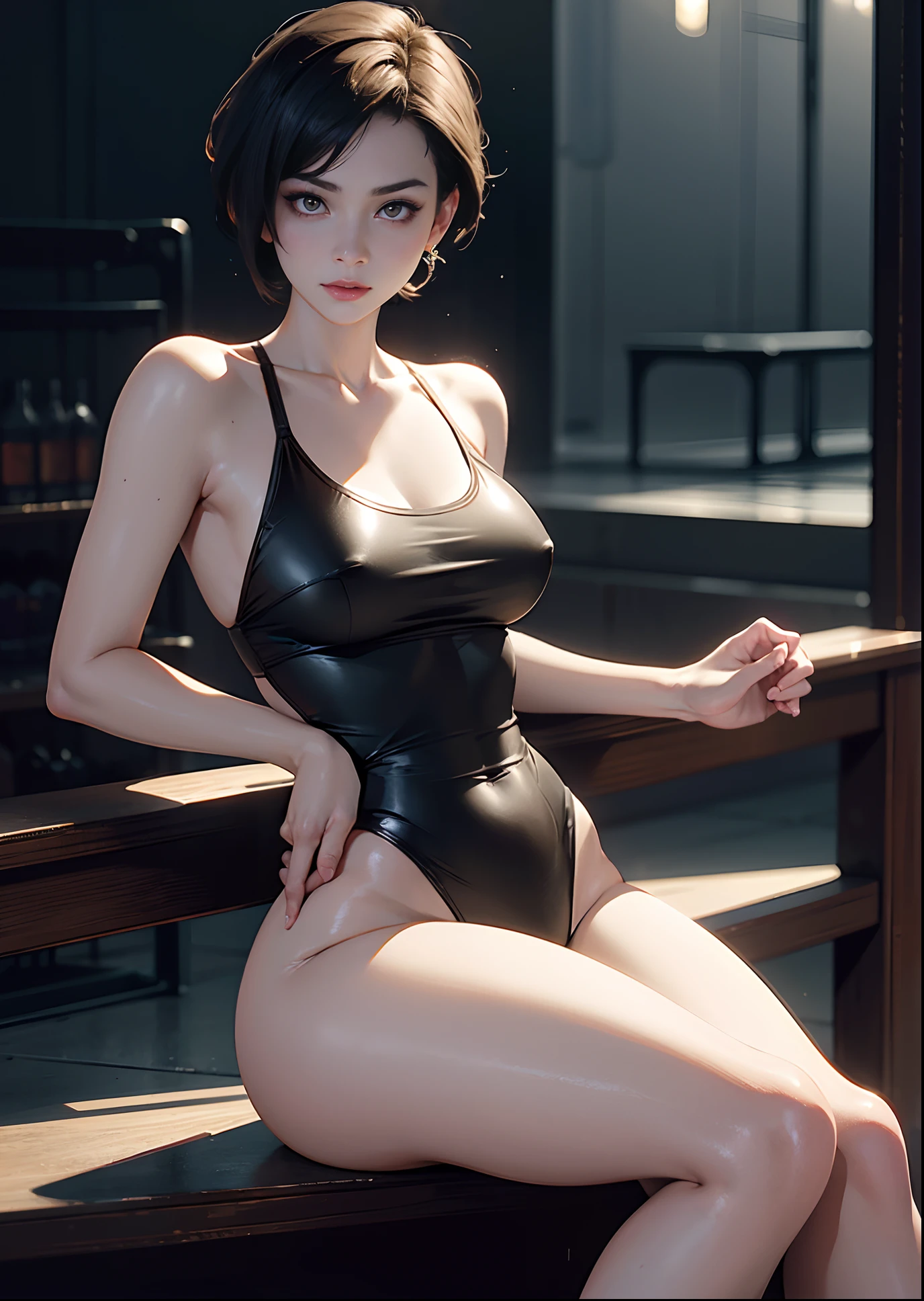 Masterpiece quality. Extremely detailed ada wong wearing see-through revealing outfit. Holding her Big boobs and small waist. Pale. Fair skin, large buttocks. she's in sitting alluringly with their hands on her legs with her legs spread wide open. Camel toe. Luminous lighting. Background is a modern ndesigned gym. Exquisite details. Intricately detailed. Alluring. Sensual. Greasy skin.
