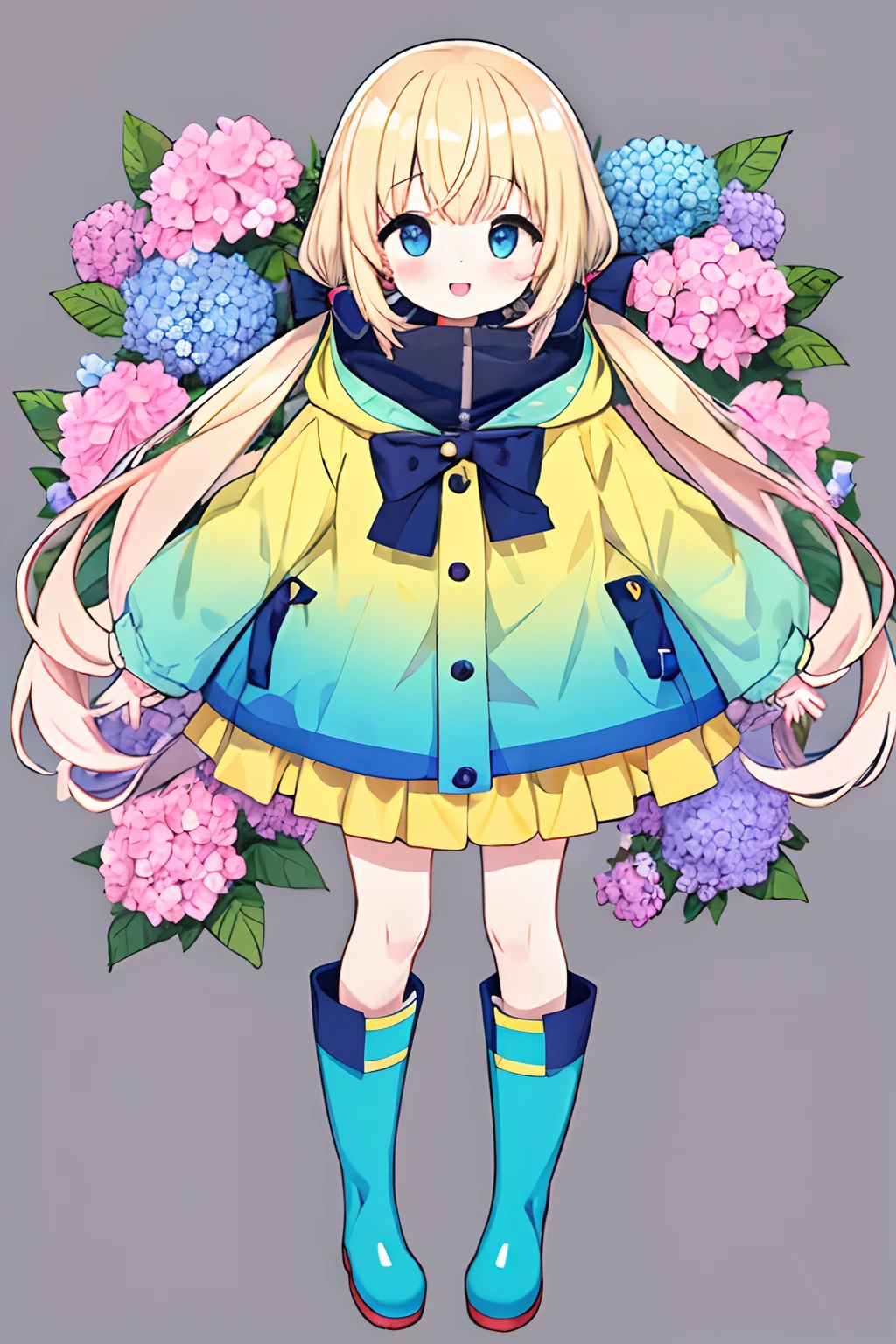 girl with、rainbows、raincoat、Yellow raincoat、Rubber boots、hydrangeas、florals、length hair、Twin-tailed、boots、red blush、Opening Mouth、hair adornments、white backgrounid、独奏、Very long hair、long-sleeve、low twintails、the bow、bangss、a smile、Animal food、blue eyess、bunny rabbit、puddles、full bodyesbian、Yellow footwear、simple background、pink flowers、is standing、Hair bow、ngel、blonde hair、flower in hair、Sateen、