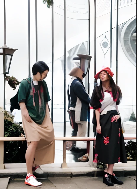 araffe woman in a red skirt and hat standing on a bridge, against the backdrop of trees, dressed in long fluent skirt, standing in a botanical garden, with a red skirt, wearing a red cheongsam, in a city park, wearing a long flowy fabric, dressed with long fluent clothes, red clothes, in a park, wearing a red outfit