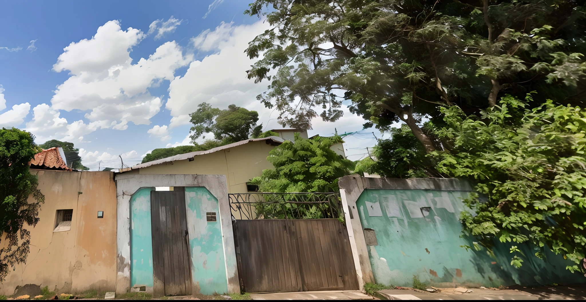 There is a small gate in front of a house with a tree, Casa colonial no fundo, Location ( favela _ PAREDE ), sao paulo, Directed by: Felipe Seade, Malika Favre, empty buildings with vegetation, Location ( favela ), Fotografia tirada em 2 0 2 0, vista da rua, Directed by: Willian Murai, imagem profunda, Vista lateral de longe
