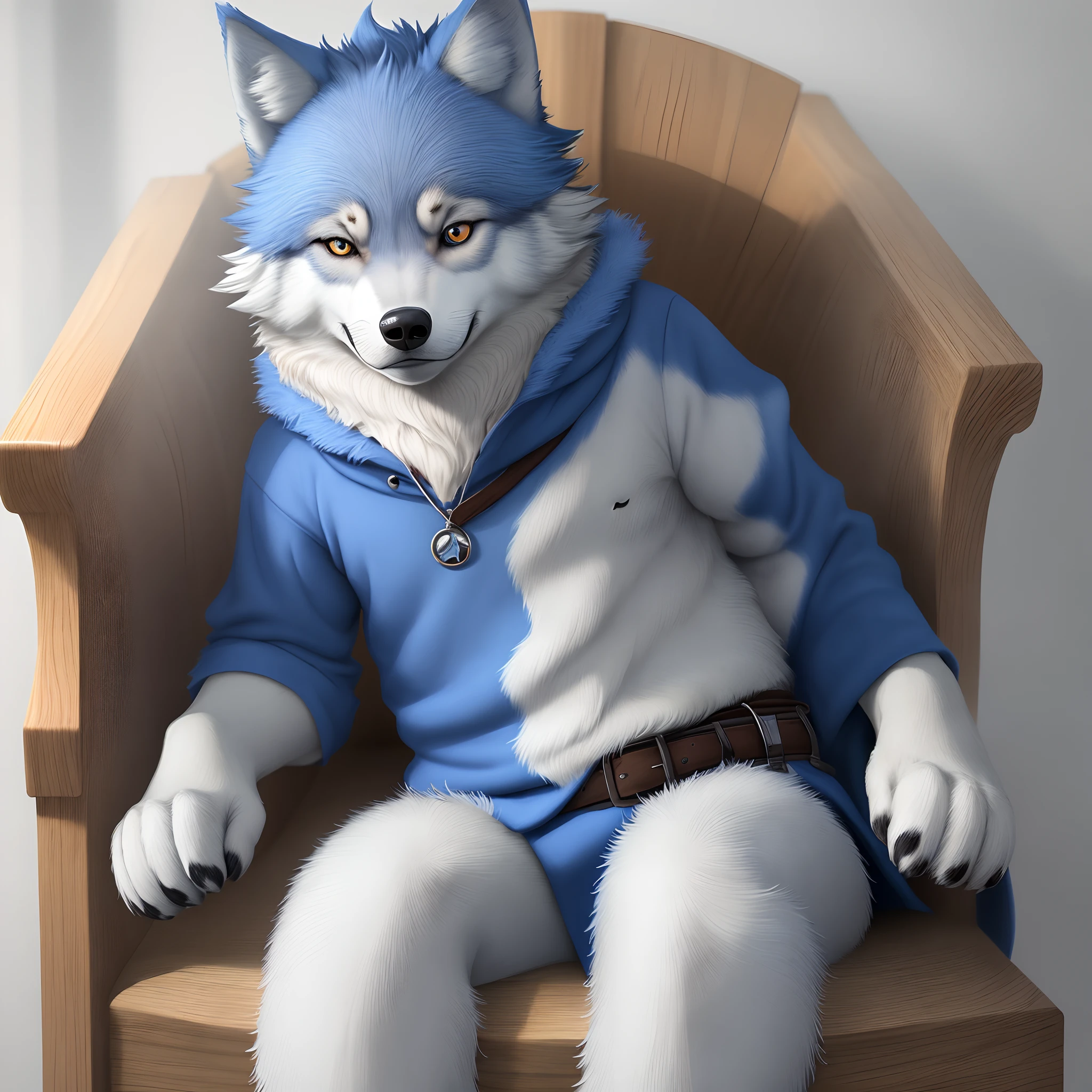 A cute wolf boy with blue and white fur with blue paws and blue pupils sits on a chair