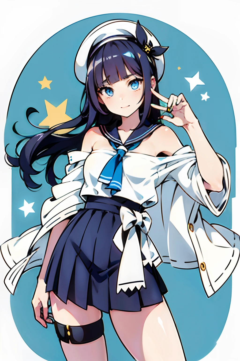 sailor girl with stars on her chest and a sailor hat, anime moe artstyle, azur lane style, kantai collection style, himawari uzumaki fanart, with index finger, cute anime waifu in a nice dress, anime style illustration, high quality anime artstyle, anime visual of a cute girl, black - haired mage, blunt bangs, dark blue hair, blue eyes, long hair
