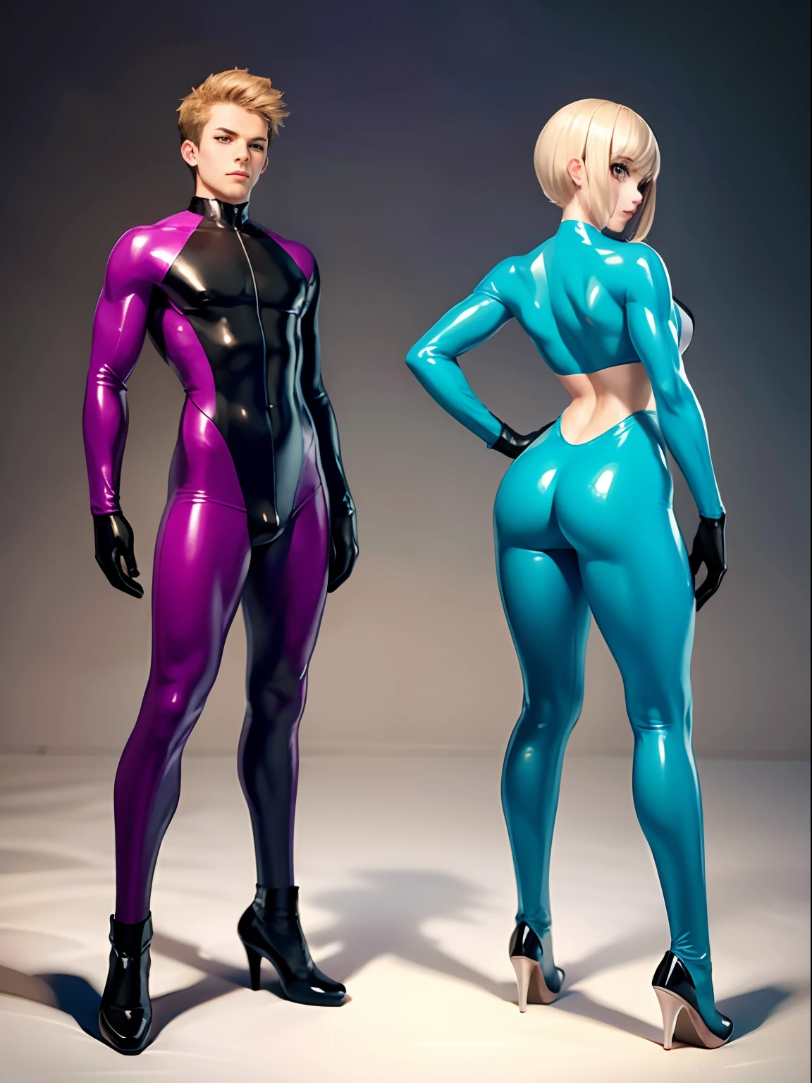 (Young men),male people,Full body photo,fully body photo,Pale pink and light blue latex garment,tightsuit,Muscular body,Cocked buttocks,musculature,latex legwear,mitts,One-piece tights