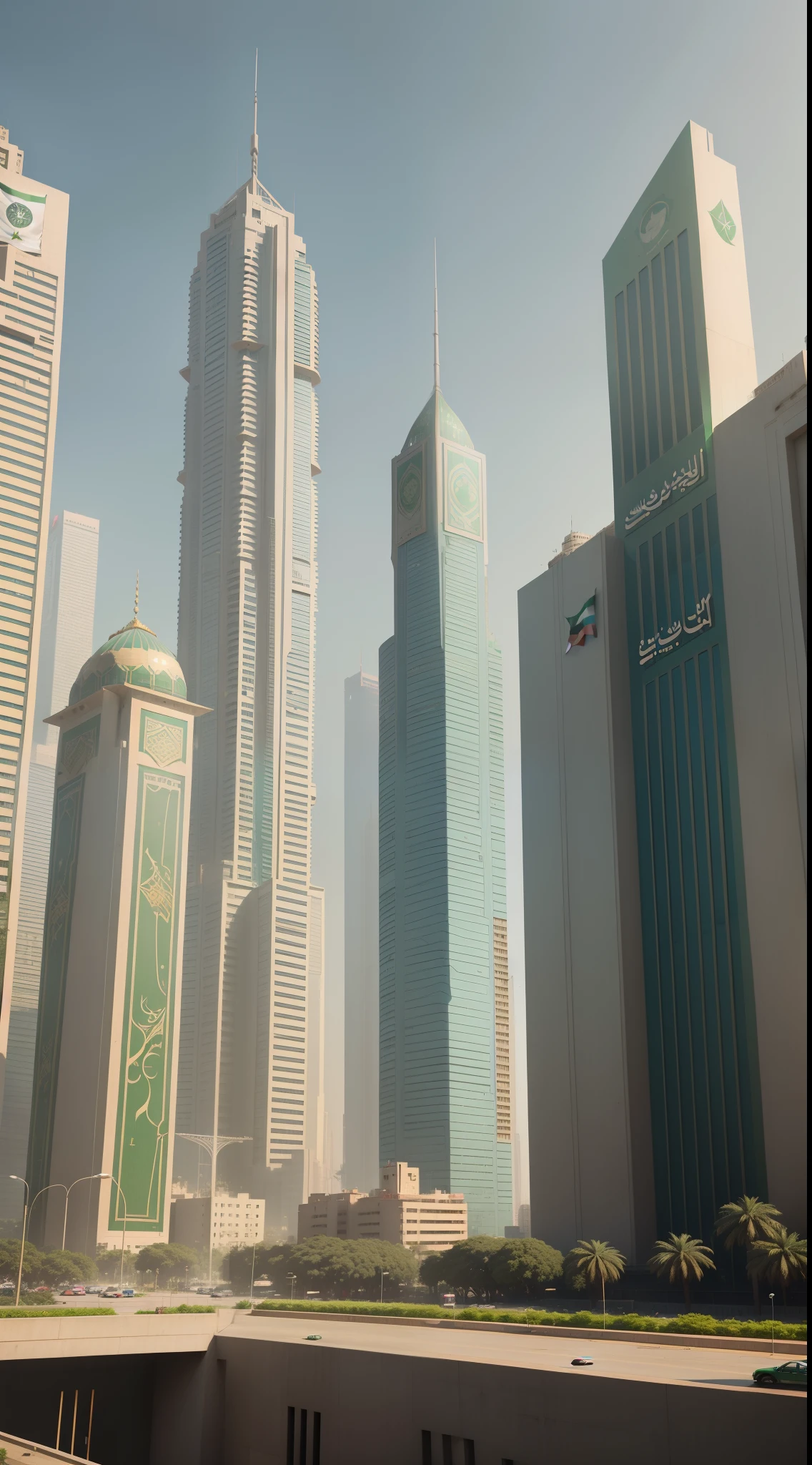 Karachi in the year 2070 , tall buildings , islamic style, green trees, pakistani flag 🇵🇰 on the building , futuristic,3D , honk Kong looks, Urdu, islamic style, pakistani dreem , science, cars ,