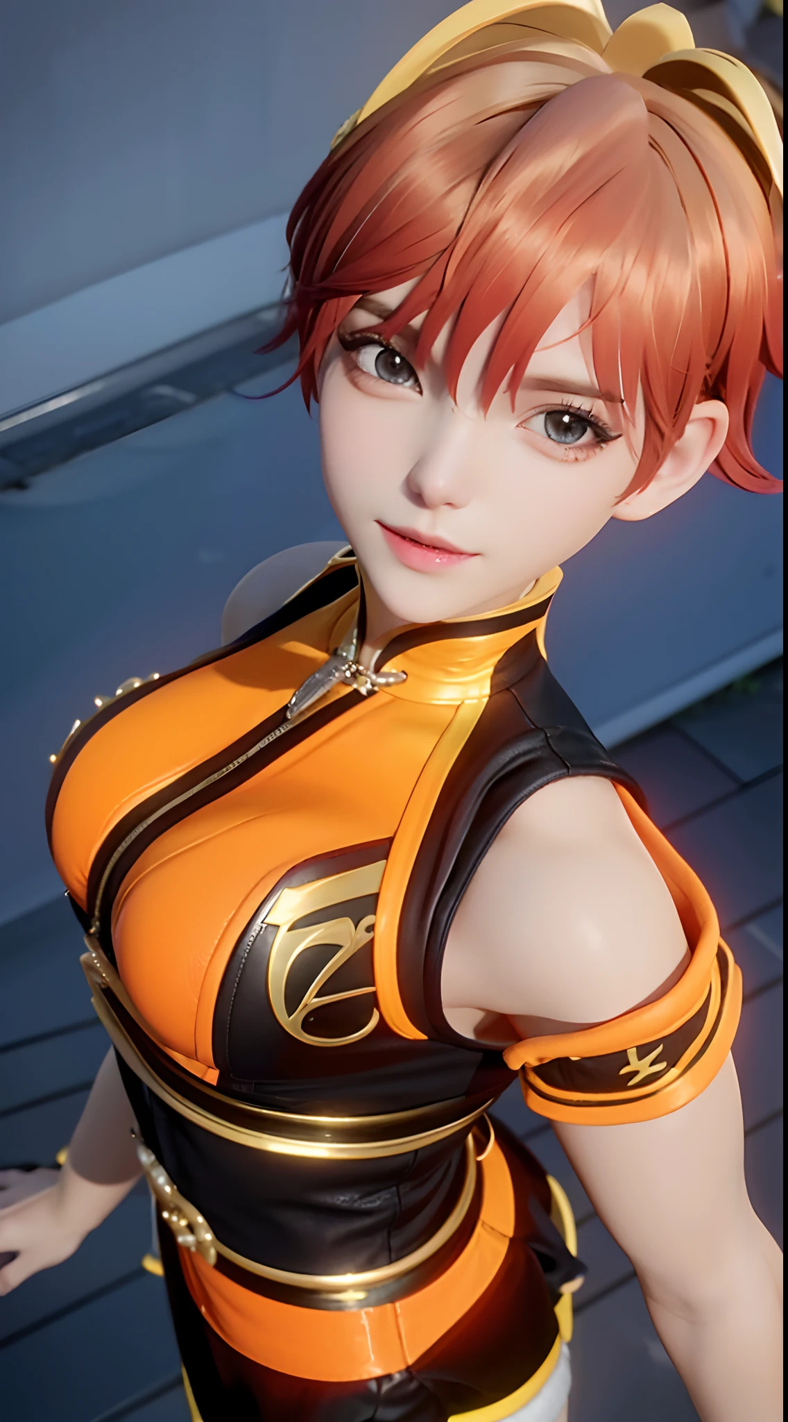 orange color hair,short detailed hair a short bob Beautiful breasts qipao dress ,Masterpiece,best qualtiy,
