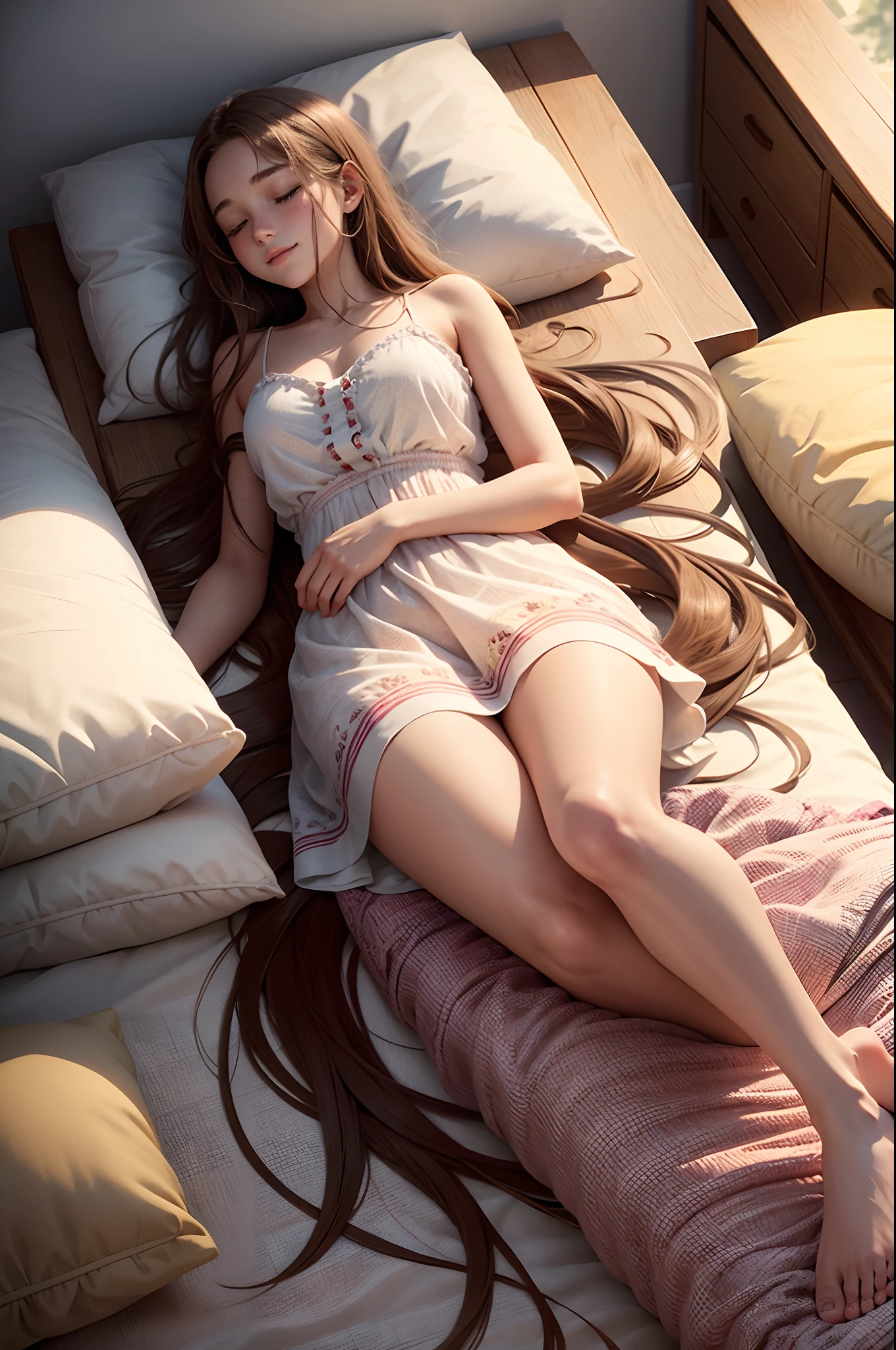 Beautiful girl sleeping，15year old，Realistic and realistic，Realistis，the detail，Bare legs，Bare feet，Cute，Long brown hair，Not wearing a bra，Lie down in bed，A sweet smile in your sleep，Top-down perspective