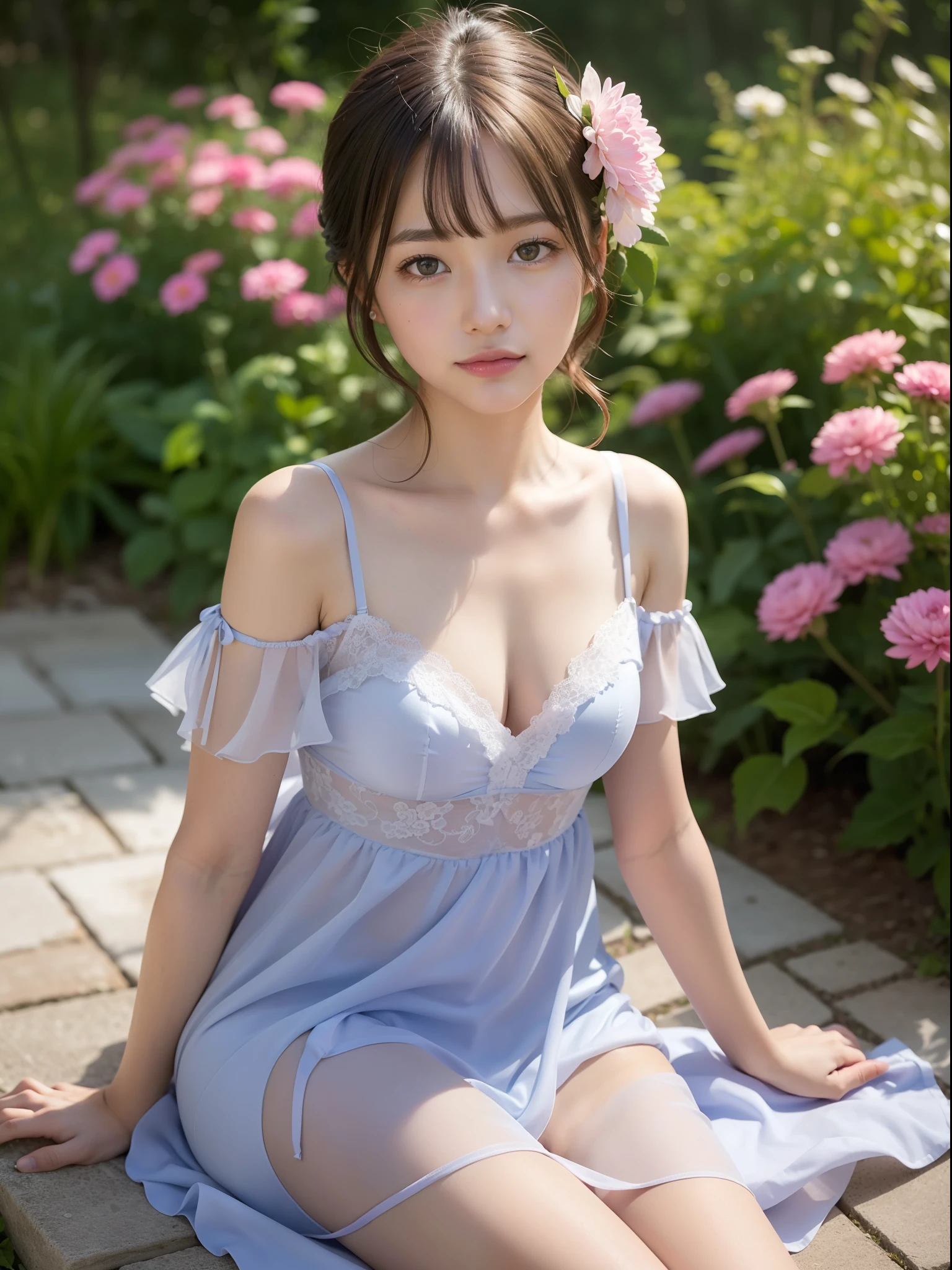 ((of the highest quality, 8K, masutepiece: 1.3, Raw photo)), Sharp Focus: 1.2, (1 AESPA Girl :1.1), (Solo: 1.2), (Realistic, Photorealistic: 1.37), (Face Focus: 1.1), Cute face, hyperdetailed face, Small breasts, flat chest, Short messy hair, Small Smile, (Off-the-shoulder chiffon dress: 1.3), lingerie, sitting garden, flower, dahlia