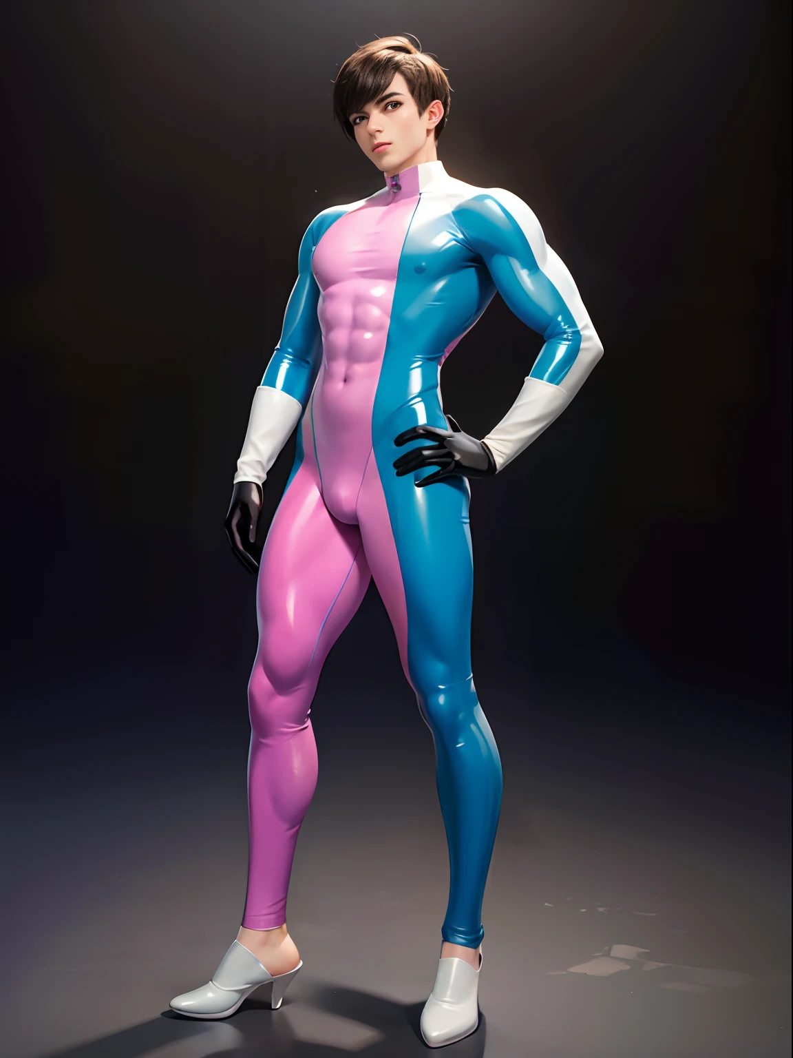 （Young men），male people，Full body photo，fully body photo，Pale pink and light blue latex garment，tightsuit，Muscular body，Cocked buttocks，musculature，latex legwear，mitts，One-piece tights