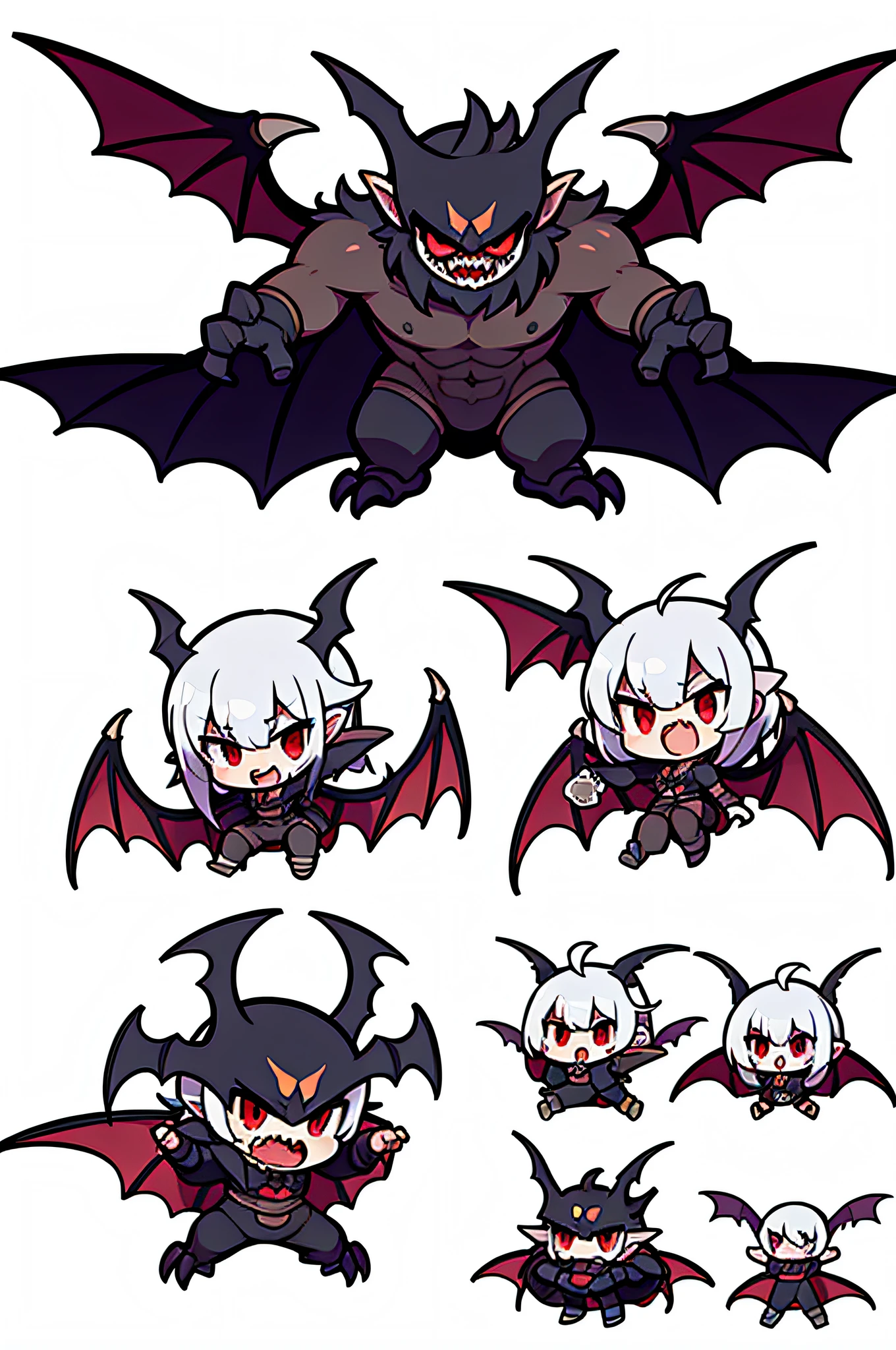 monster concept design, vector, white background, sprite art, masterpiece, high quality, character frames, character poses, flying head, garguile, vampire