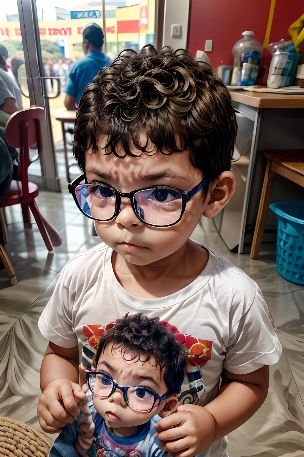 loranerdinho1, um feliz garoto de 3 anos de oculos segurando uma caixa amarela de amido de milho em suas maos. Ele esta atras de uma bancada de cozinha, vestido como cozinheiro, usando bone. Varios pratos e um bolo de festa pequeno em sua frente. (Rosto detalhado:1.3), (hyper-realistic:1.3), c3na intrincada, 8k