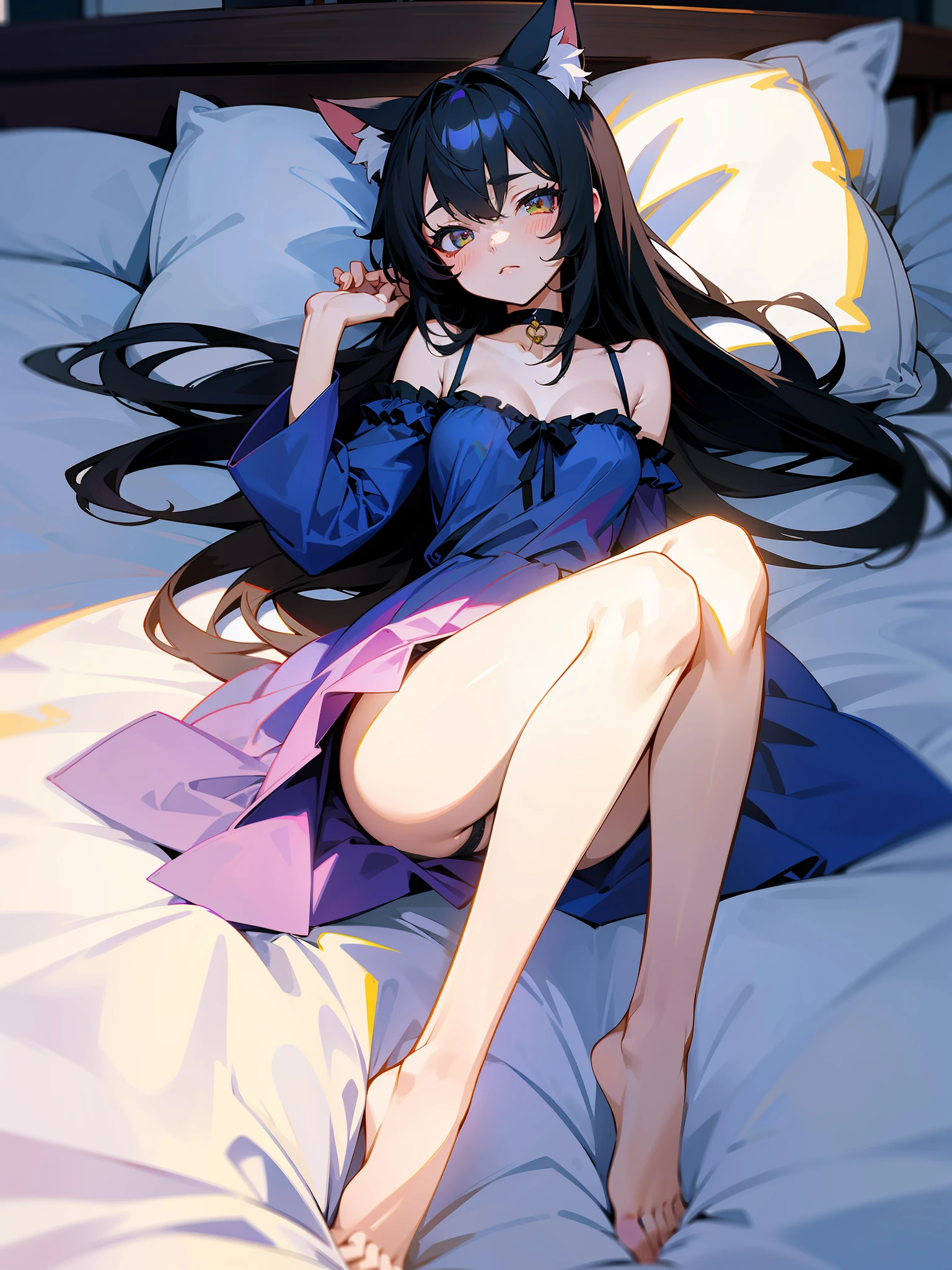 one-girl,Lie down in bed, pixiv contest winner,ta prostitute, beautiful anime catgirl, anime girl with cat ears, style of anime4 K, Very beautiful anime cat girl, Beautiful anime girl, Detailed digital anime art, cute anime catgirl,Black color hair,choker necklace,pyjamas,Bare legged,long whitr hair,鎖骨,